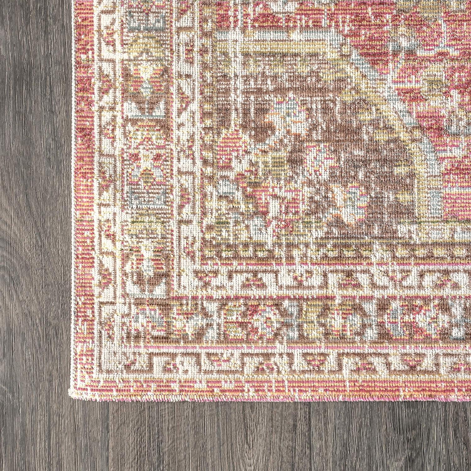 8'x10' Petras Modern Ornate Medallion Area Rug, Brown/Pink - JONATHAN Y