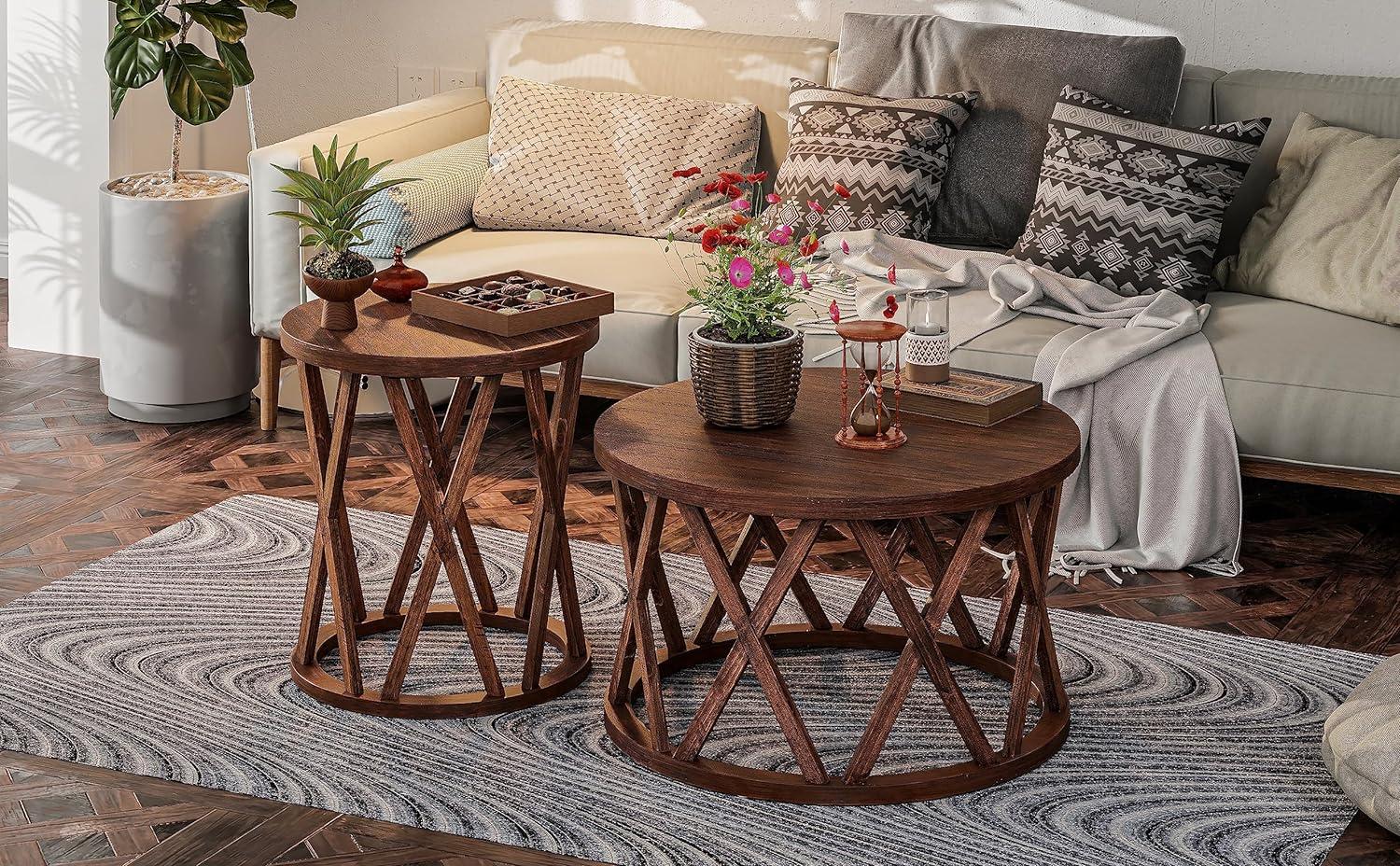COZAYH Farmhouse Coffee Table, Rustic Round Coffee Table with X-Motifs Legs, Wood Textured Top, for Boho, French Country Decor, Brown