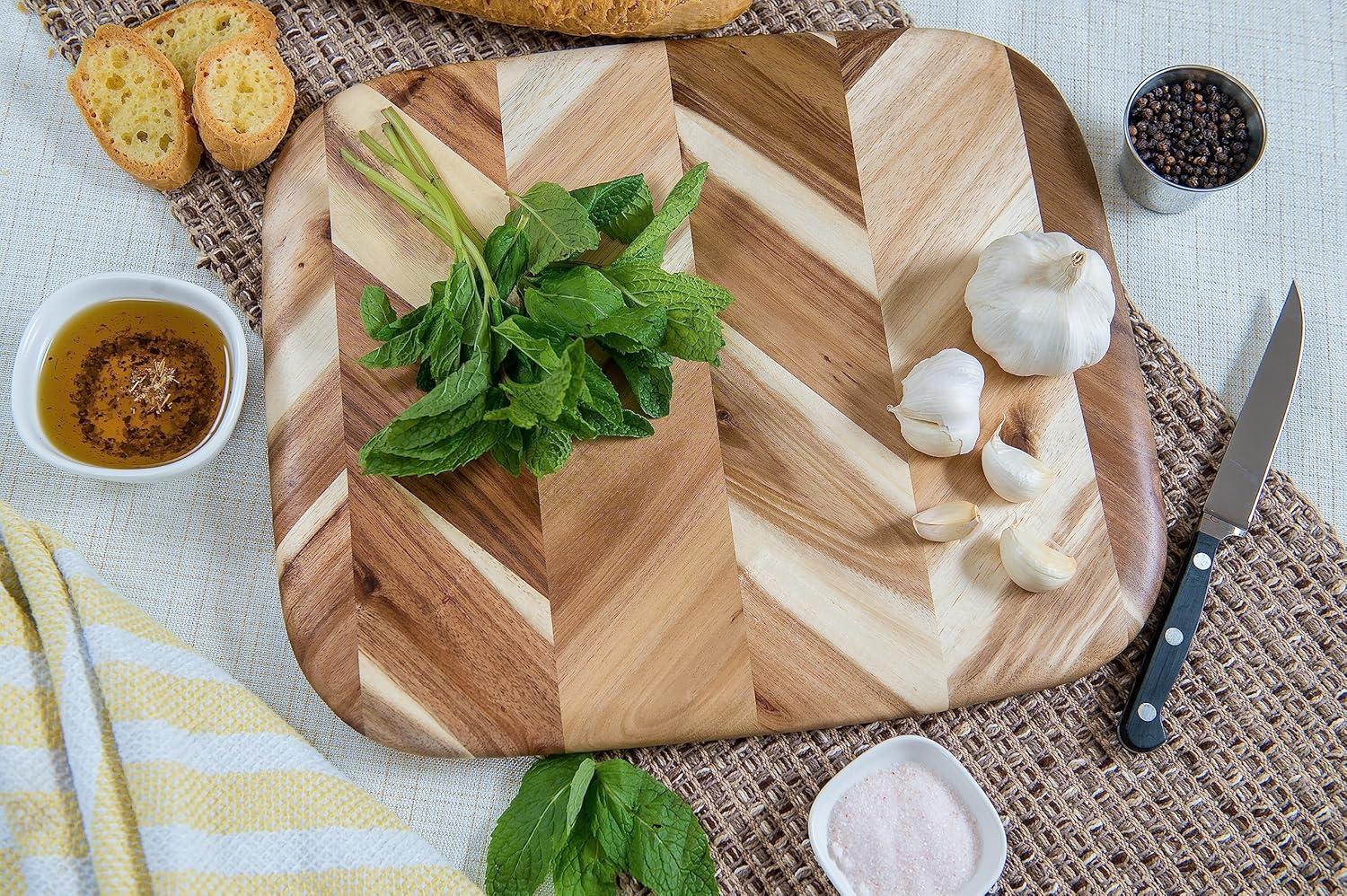 Lipper International Acacia Herringbone Rounded Edge Cutting/Serve Board With Inset Handles, Small