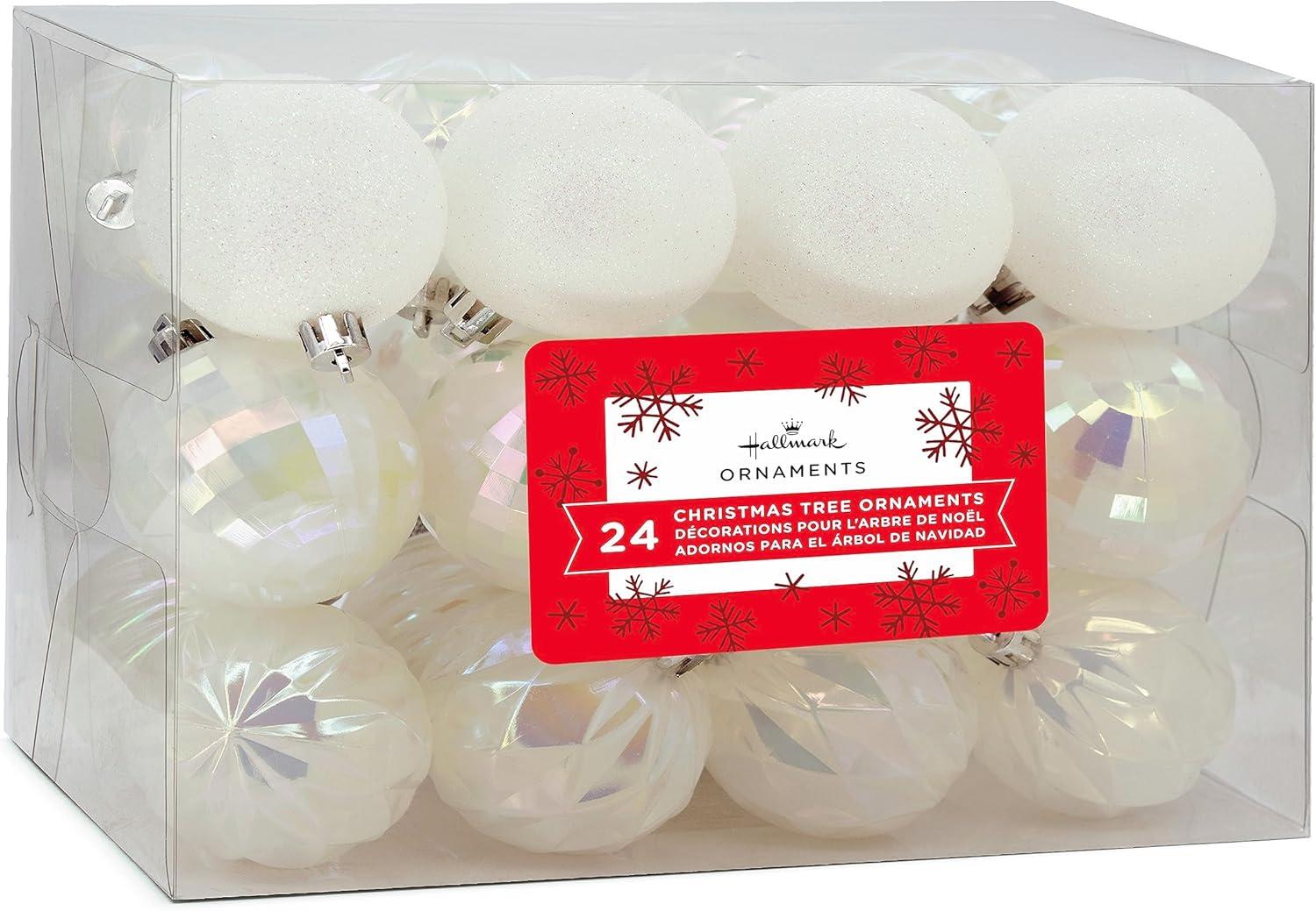 Iridescent White Shatterproof Christmas Ornament Set, 24-Piece