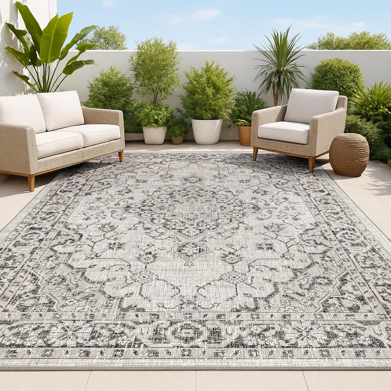 4'x6' Rozetta Boho Medallion Textured Weave Indoor/Outdoor Area Rug, Gray/Black - JONATHAN Y