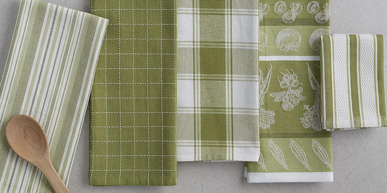 Contemporary Home Living Vegetables and Jacquard Kitchen Dishtowels - 28" - Green and White - Set of