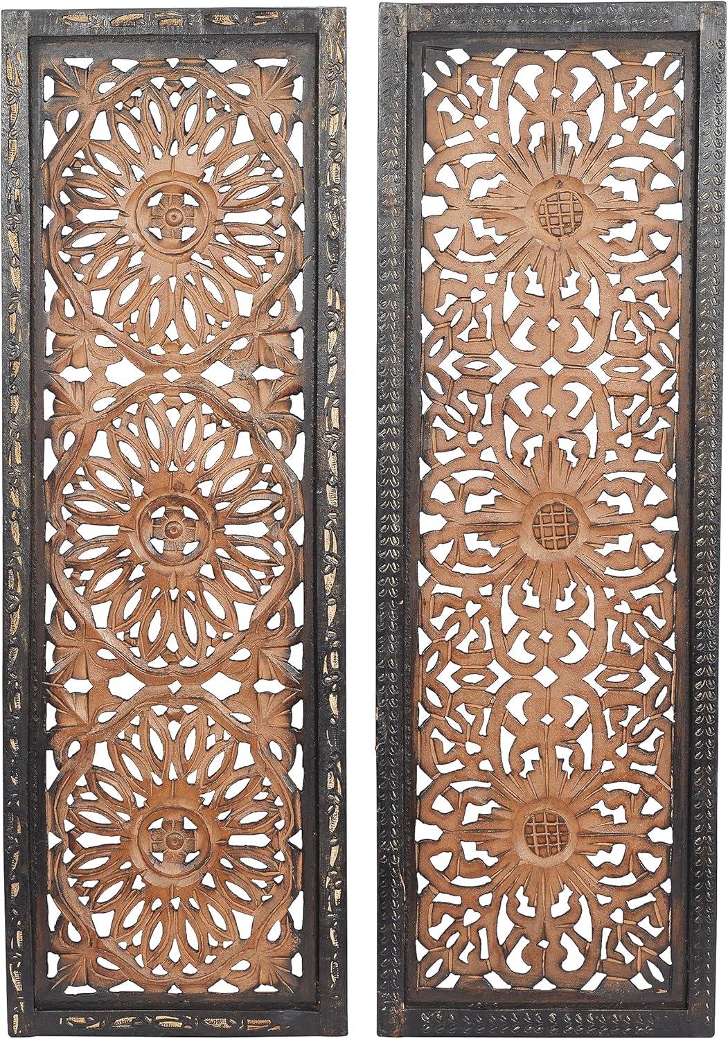 Handmade Brown Wood Carved Floral Wall Decor Set