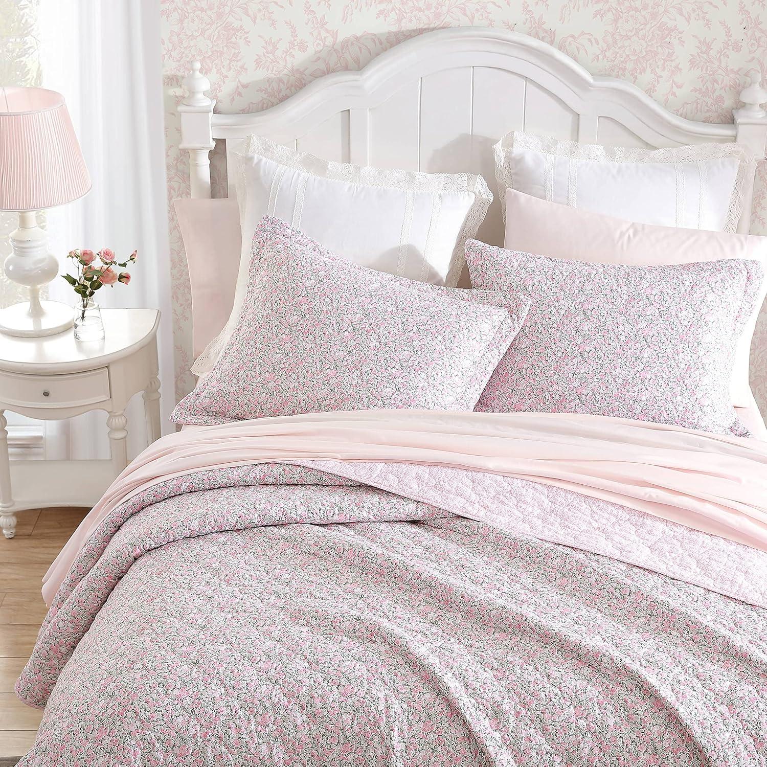 Laura Ashley Loveston Cotton Reversible Pink Quilt Set