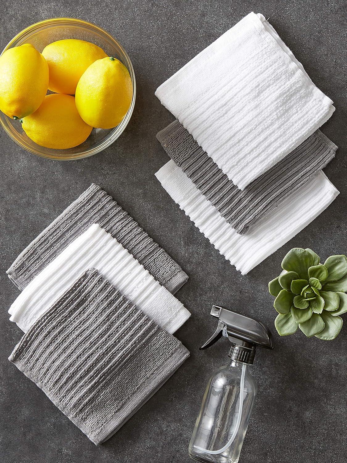 Gray and White Cotton Ribbed Terry Dish Cloth Set of 6