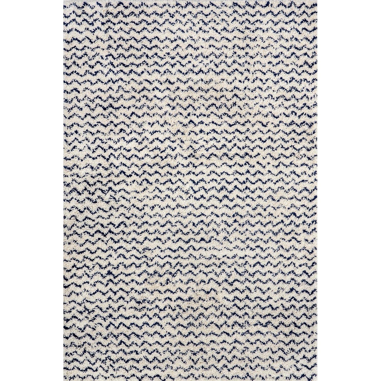 Nuloom Cuellar Striped 9x12 Shag Indoor Area Rug for Living Room Bedroom Dining Room Nursery, Navy/Ivory