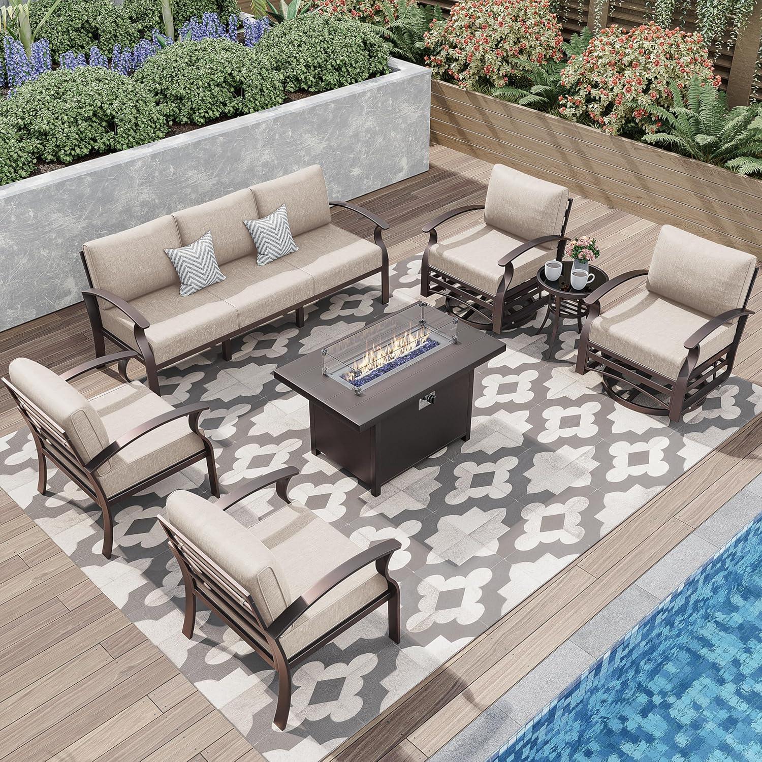 7-Piece Sand Aluminum Patio Set with Fire Pit and Cushions