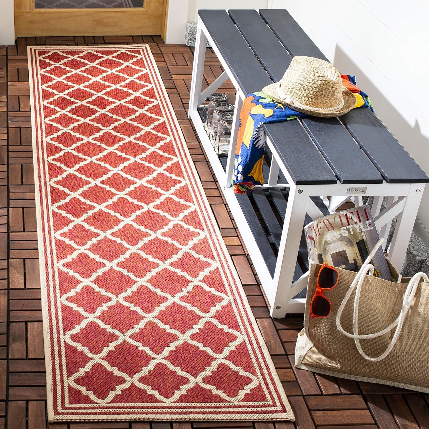 Geometric Red & Cream Synthetic 2' x 8' Easy-Care Runner Rug