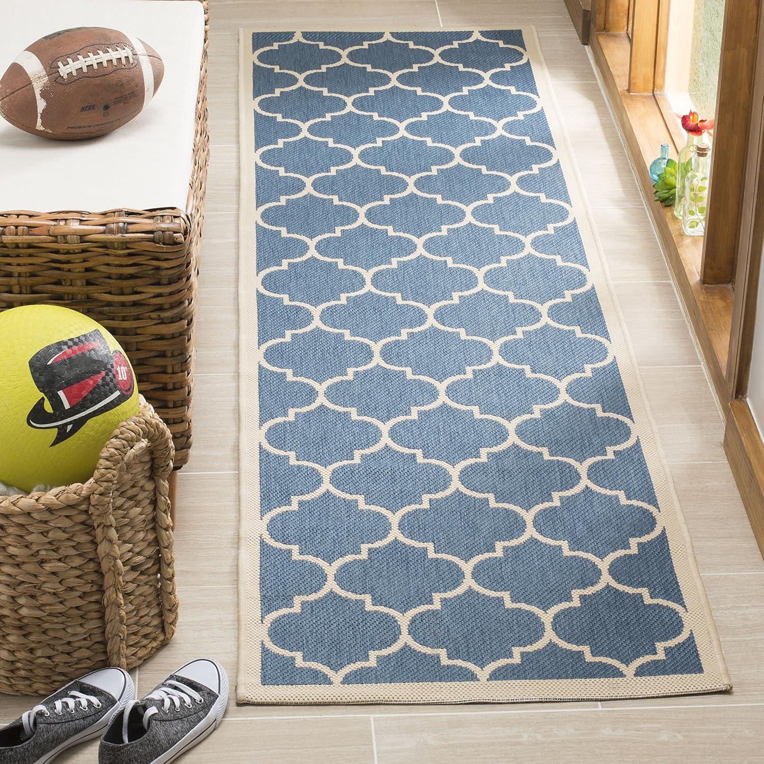 Blue and Beige Trellis Indoor/Outdoor Runner Rug