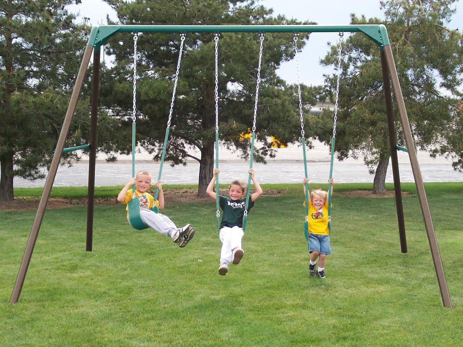 Heavy Duty Green and Silver Metal Swing Set with Trapeze