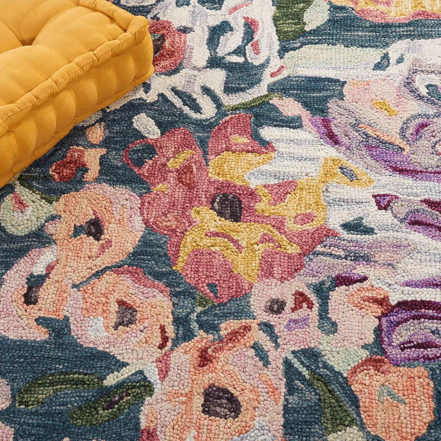 Handmade Light Blue and Plum Floral Wool Area Rug, 5' x 8'