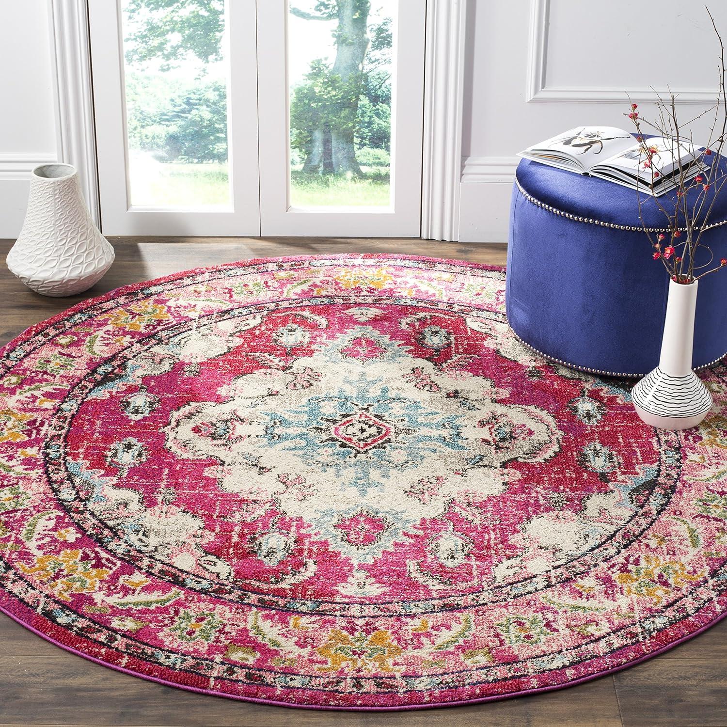 Monaco MNC243 Power Loomed Indoor Area Rug - Pink/Multi - 5' Round - Safavieh
