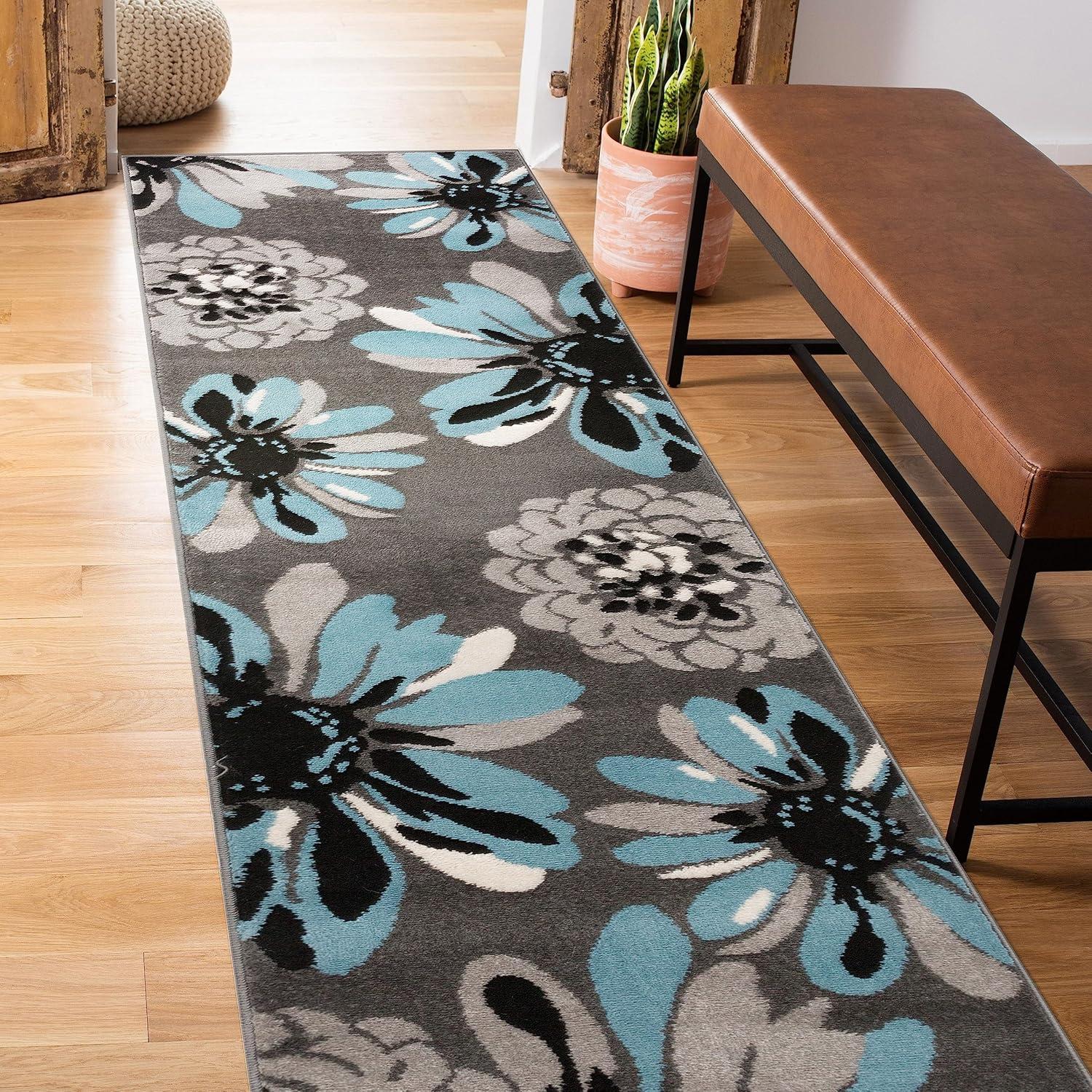 World Rug Gallery Contemporary Modern Flowers Area Rug - Blue 2'x10': Stain-Resistant Runner, Low Pile, Floral Pattern