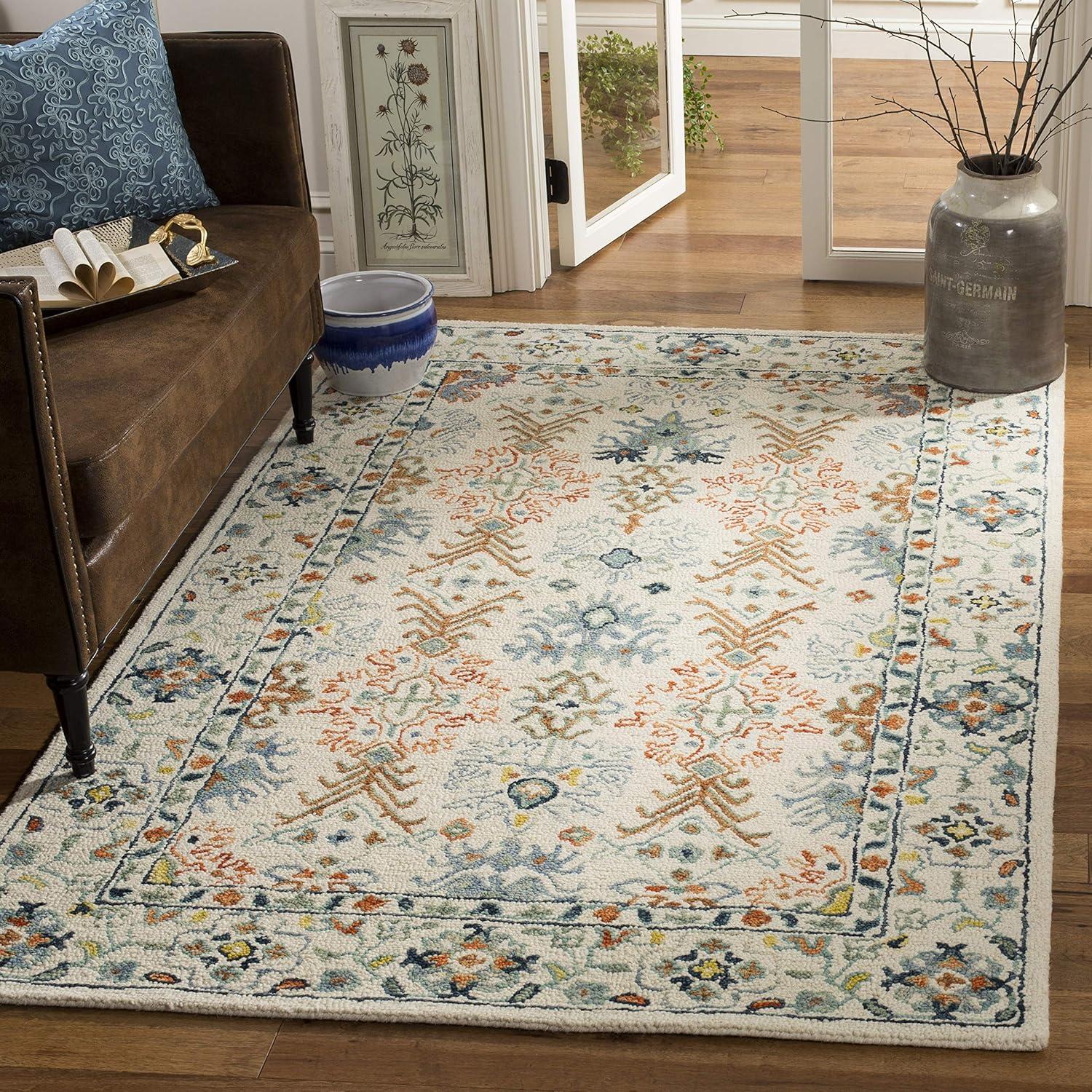 Handmade Ivory/Blue Wool Square Area Rug - 7' x 7'