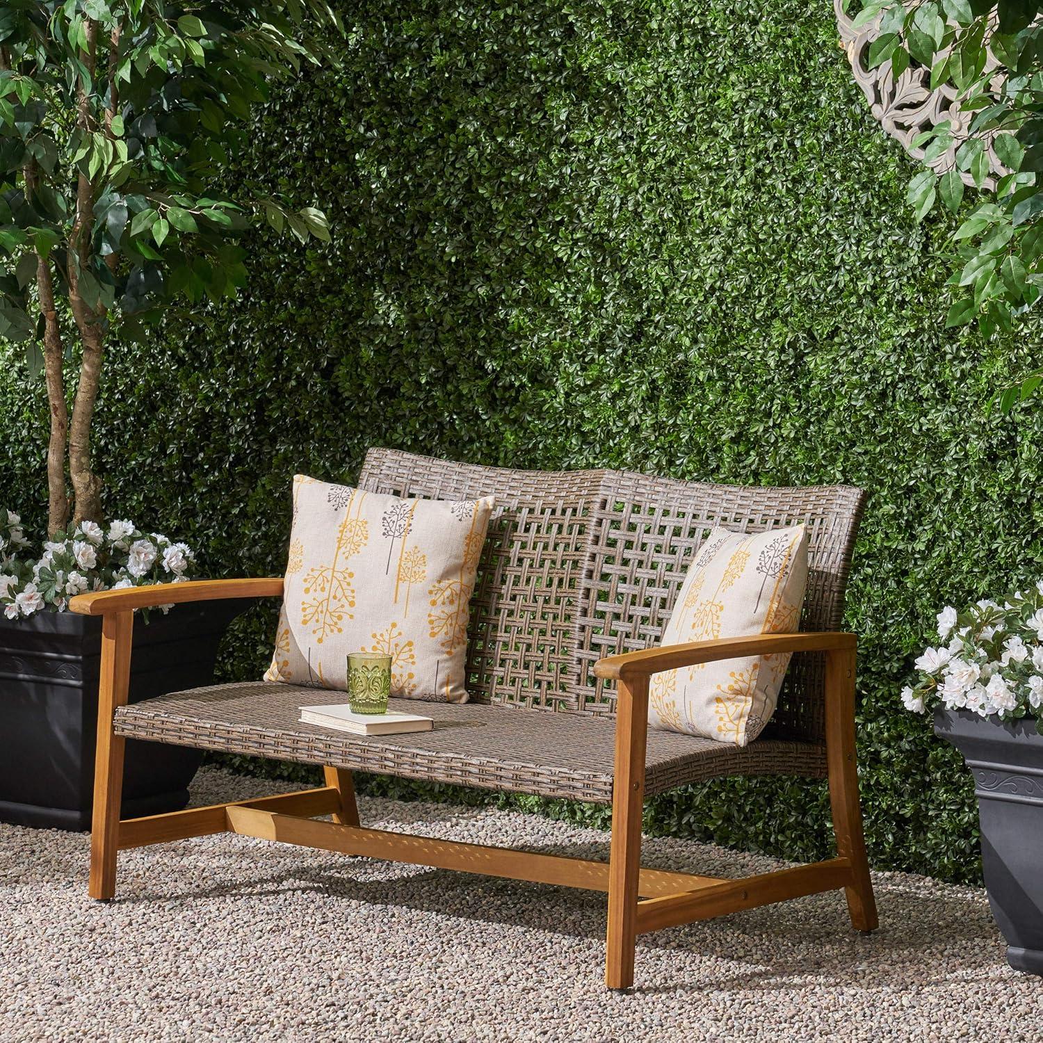 GDFStudio Jean Outdoor Acacia Wood and Wicker Loveseat, Brown/Gray