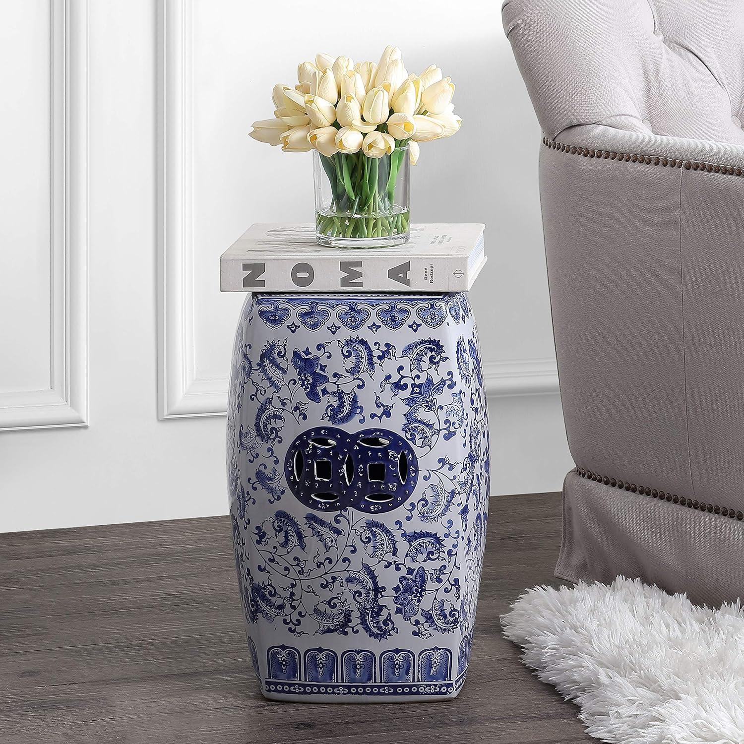 JONATHAN Y Floral Vine 18.5" Chinoiserie Ceramice Square Garden Stool, Blue/White