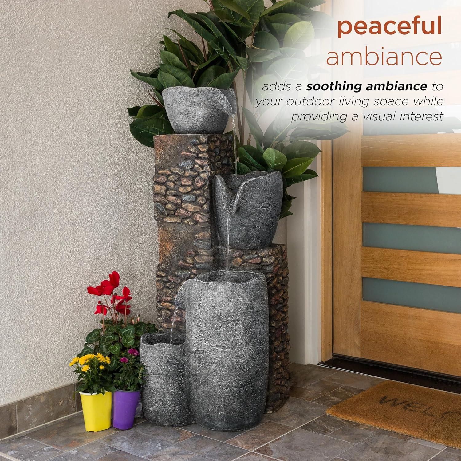 42" Resin Outdoor 4-Tier Stone Bowl Fountain with LED Lights Gray - Alpine Corporation: Weatherproof, Rust-Resistant Garden Decor