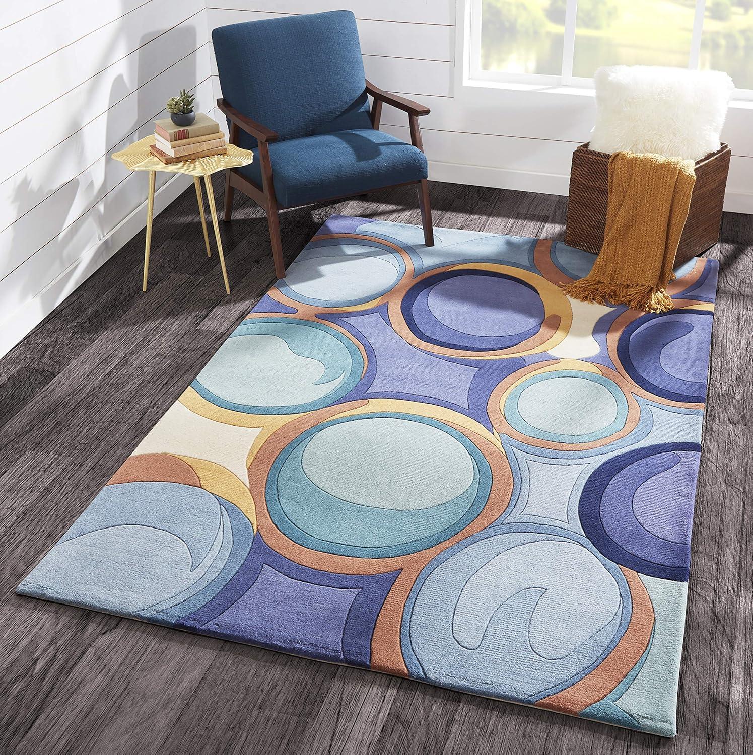 Blue and Brown Hand-Tufted Wool Geometric Area Rug, 5'3" x 8'