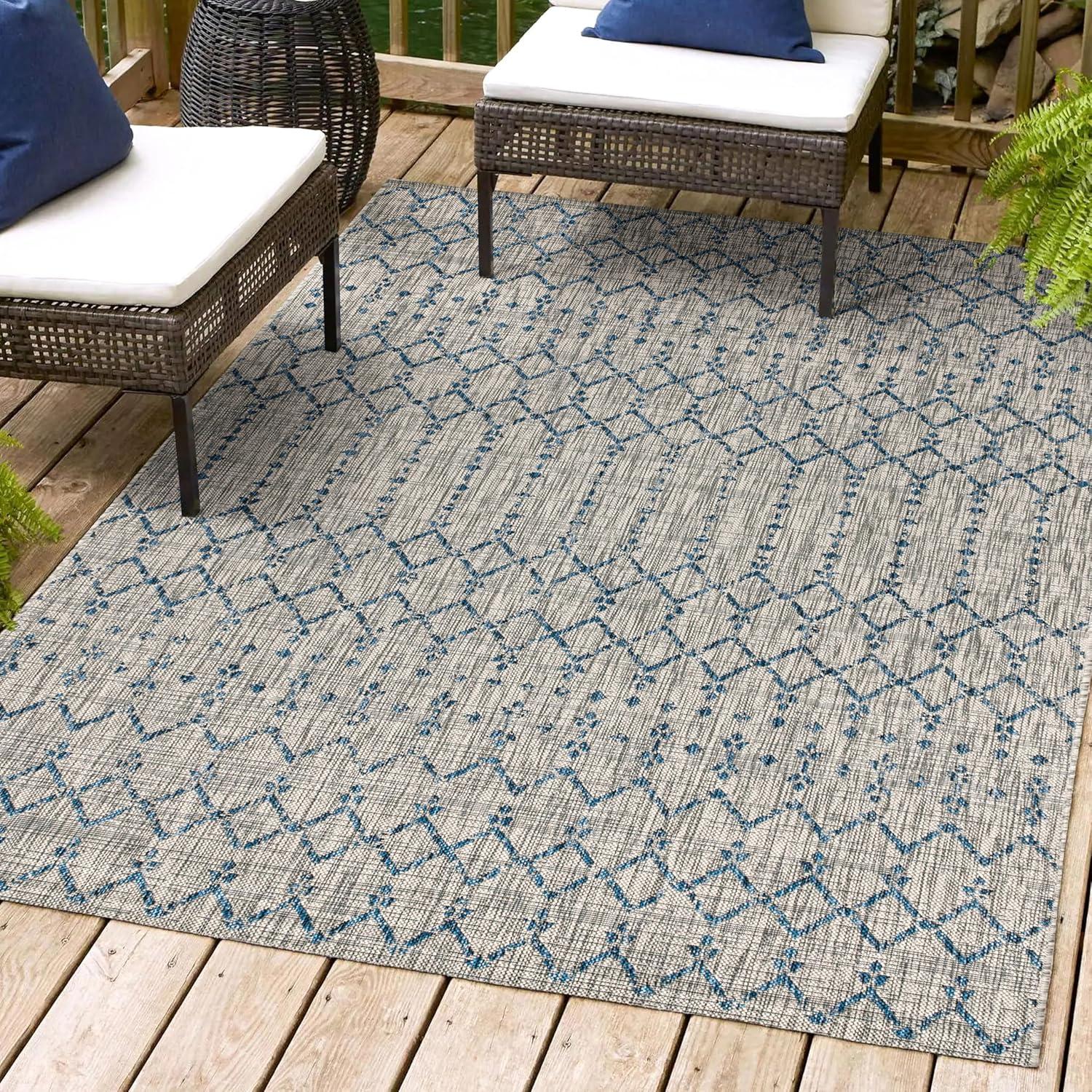 Ourika Moroccan Geometric Textured Weave Indoor/Outdoor Area Rug - JONATHAN Y