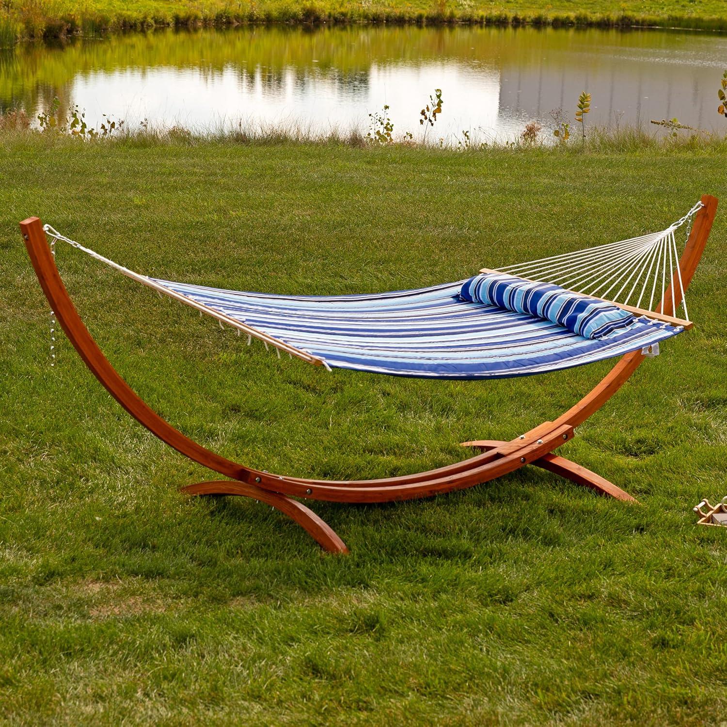 Sunnydaze Quilted Double Fabric 2-Person Hammock with Curved Arc Wood Stand - 400 lb Weight Capacity/13' Stand - Catalina Beach
