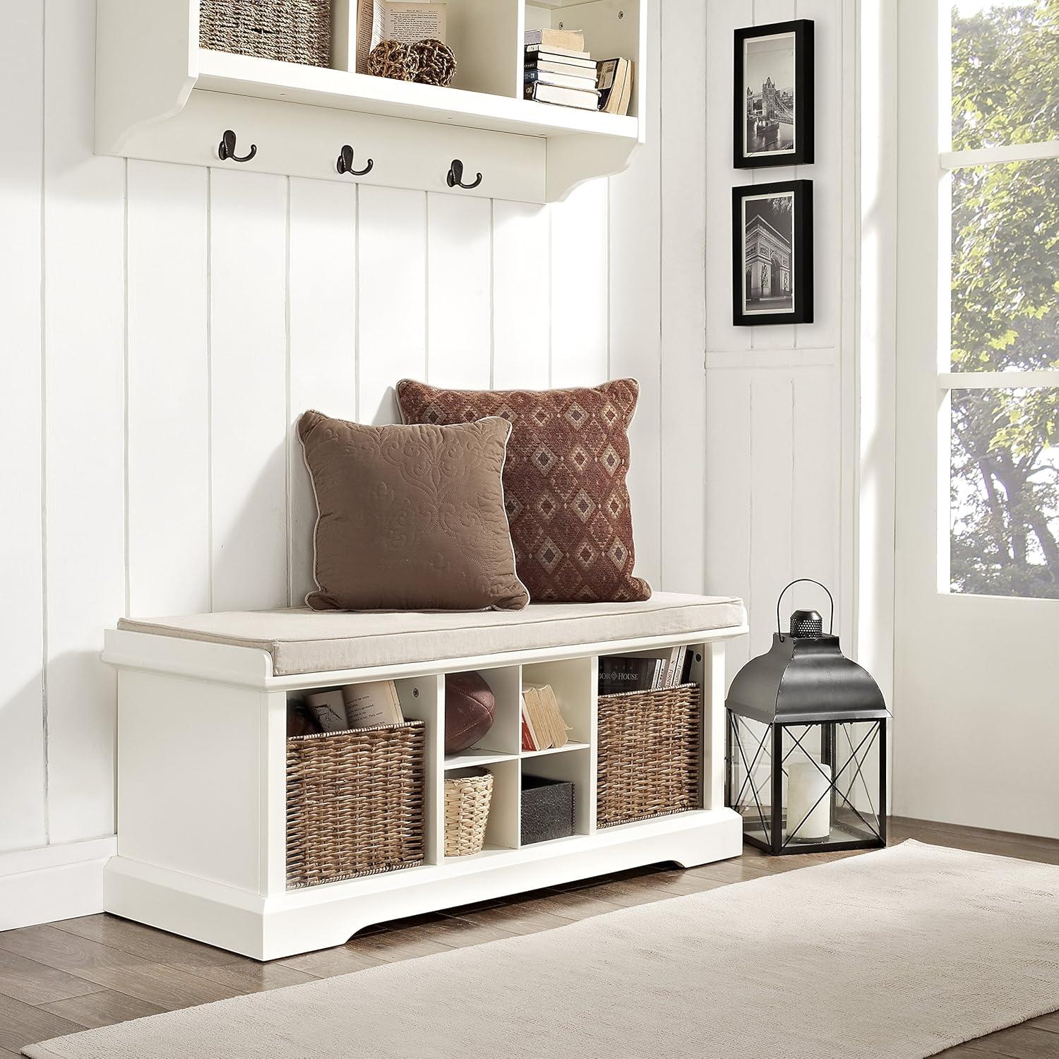 White Rustic Entryway Storage Bench with Wicker Baskets