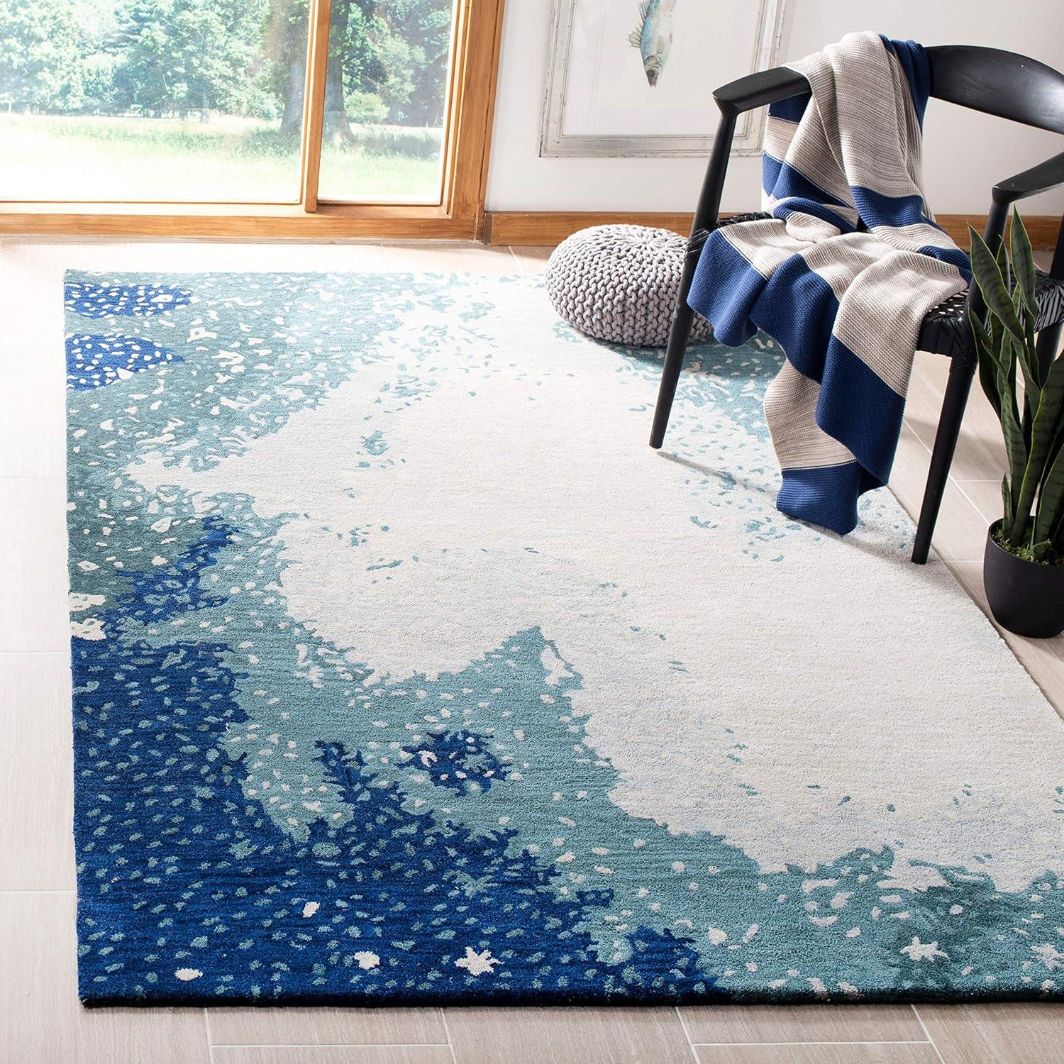 Blue and Multi Abstract Wool Area Rug 7'6" x 9'6"