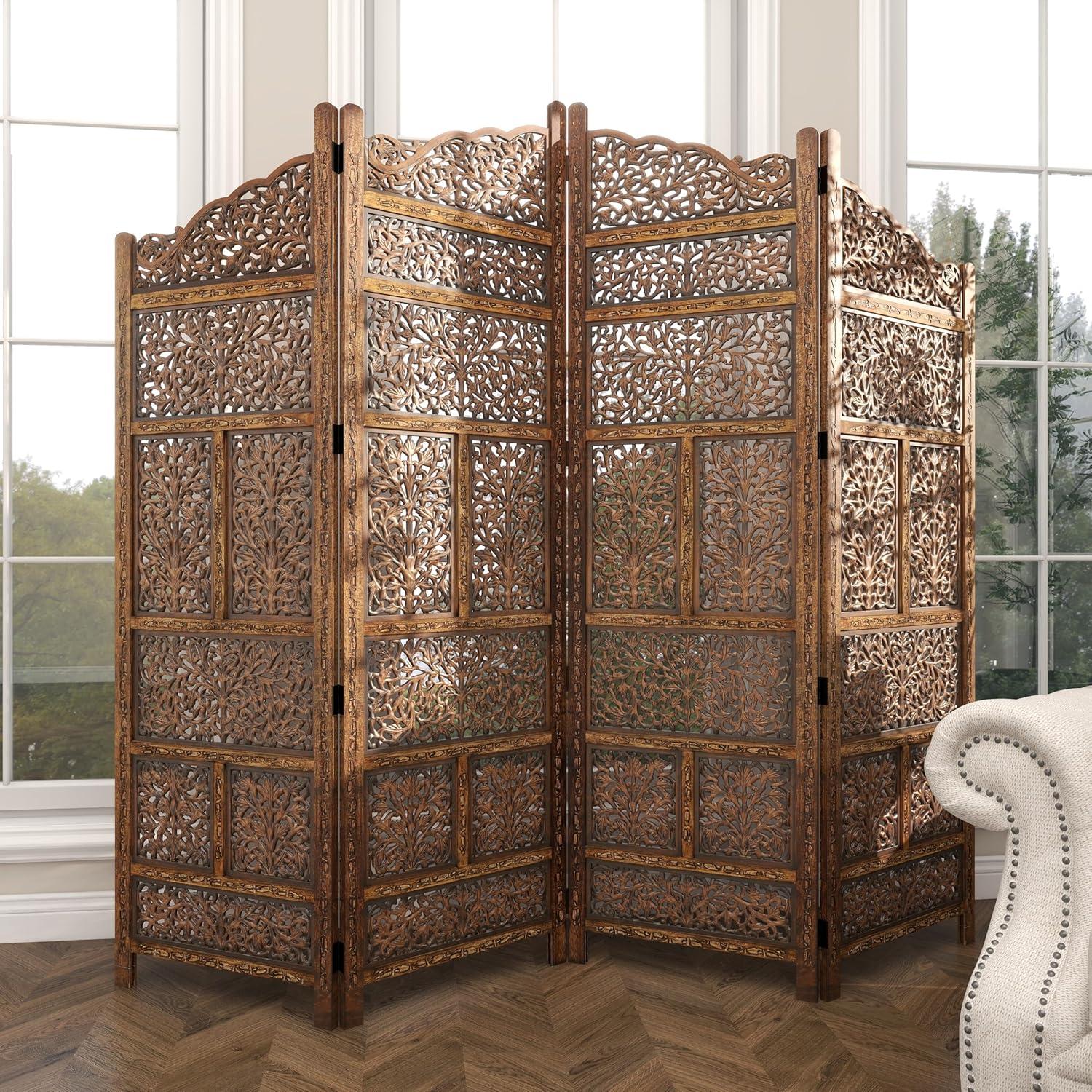 DecMode 80" x 72" Brown Wood Floral Handmade Foldable Arched Partition 4 Panel Room Divider Screen with Intricately Carved Designs, 1-Piece