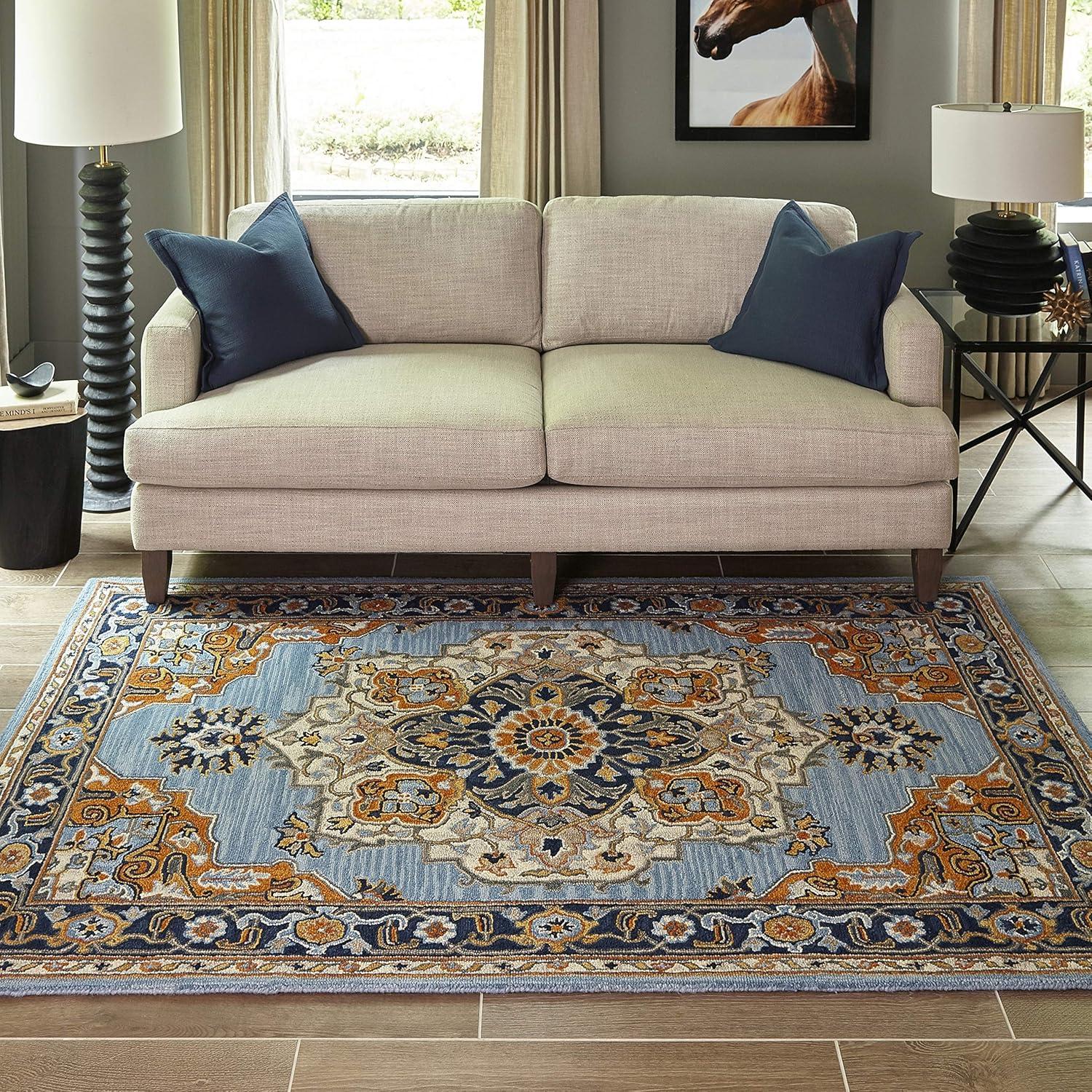 Momeni  Ibiza Hand-tufted Traditional Medallion Wool Area Rug Blue 2' x 3' 2' x 3' Indoor,Accent Orange Rectangle