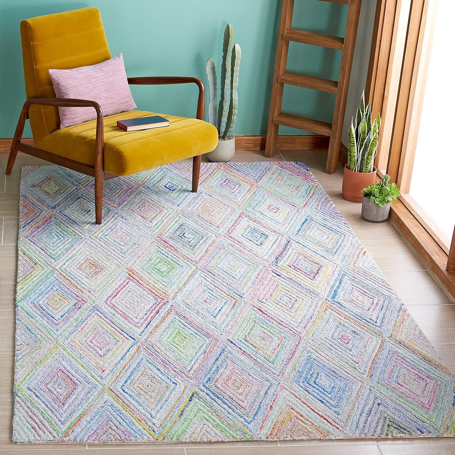 Hand-Tufted Blue and Green Wool Diamond Area Rug