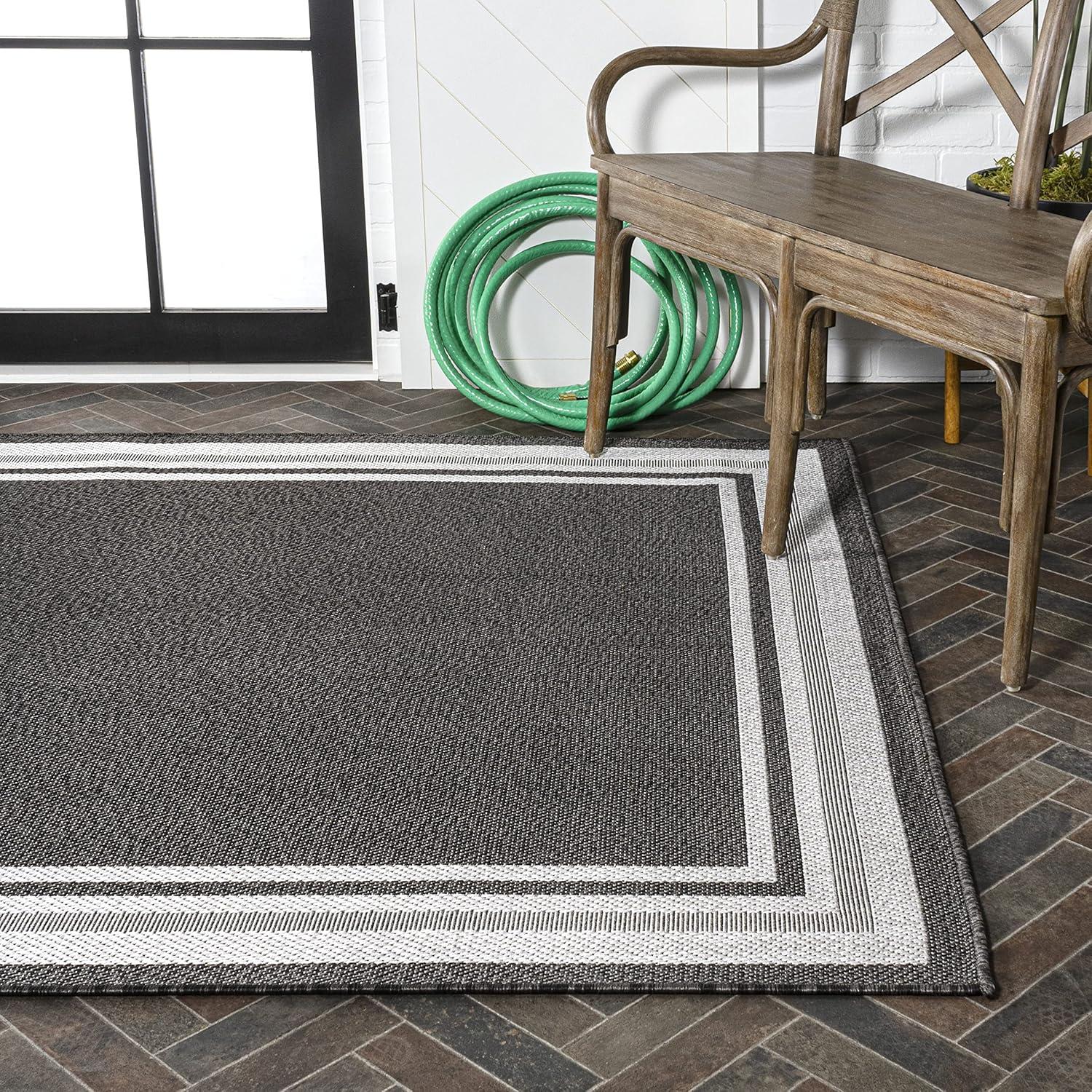 5' x 8' James Modern Border Stripe Indoor/Outdoor Area Rug, Black/Cream - JONATHAN Y