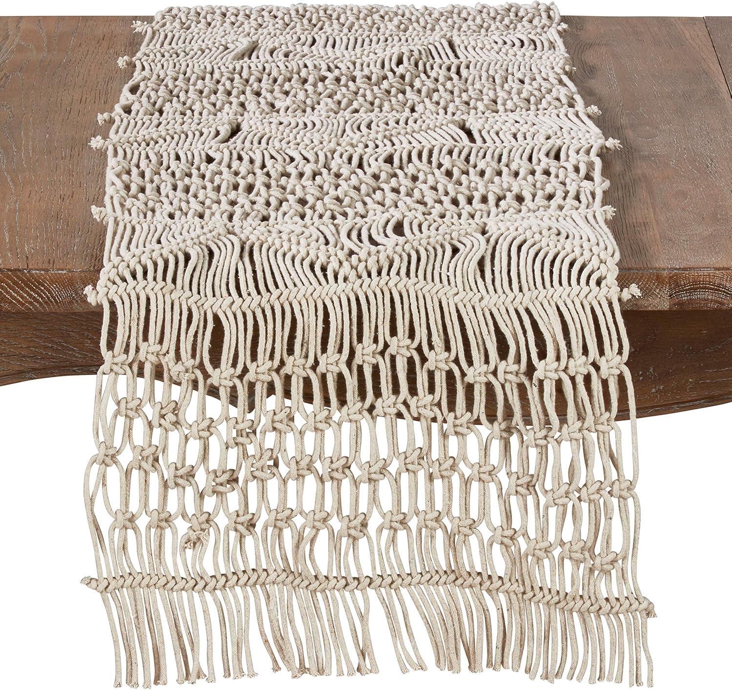 Natural Cotton Macramé Fringe Table Runner, 16" x 72"