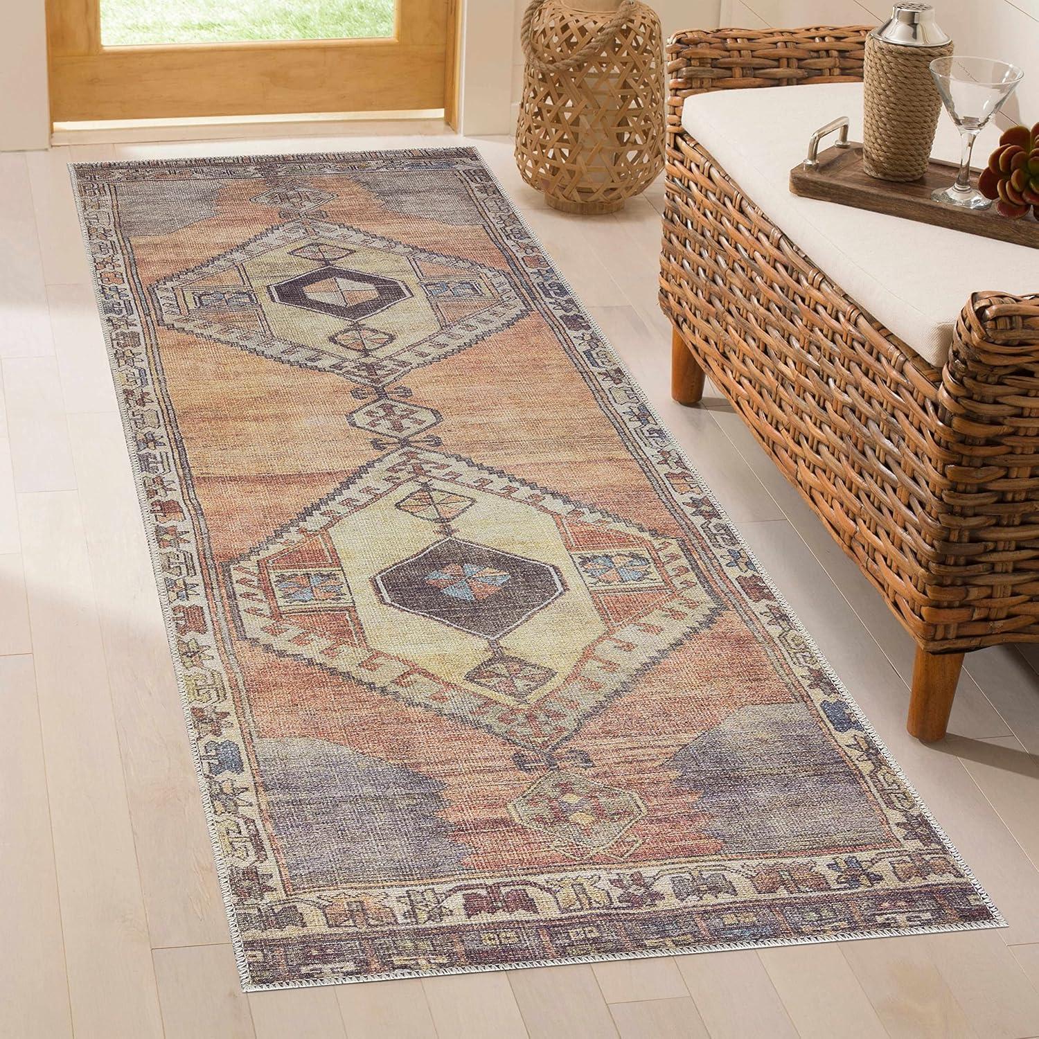 Boutique Rugs Medinah Boho Vintage Area Rug - Traditional Damask Floral Carpet for Living Room, Bedroom - Machine Washable - Dark Red, Camel, Dark Brown - 7'6" x 9'6" (8x10)