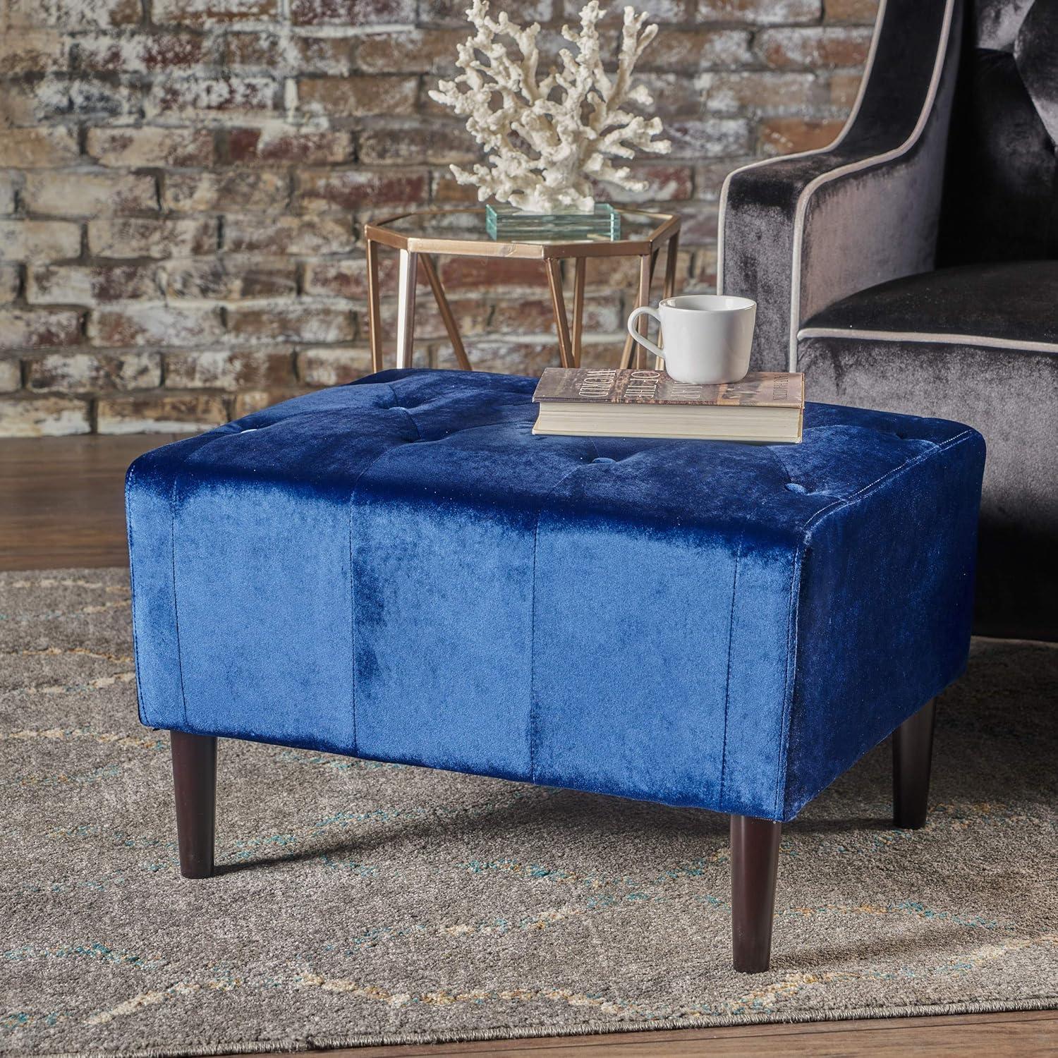 Kimiko Tufted Ottoman Navy - Christopher Knight Home: Modern Velvet Footstool, Wood Frame, Spot Clean