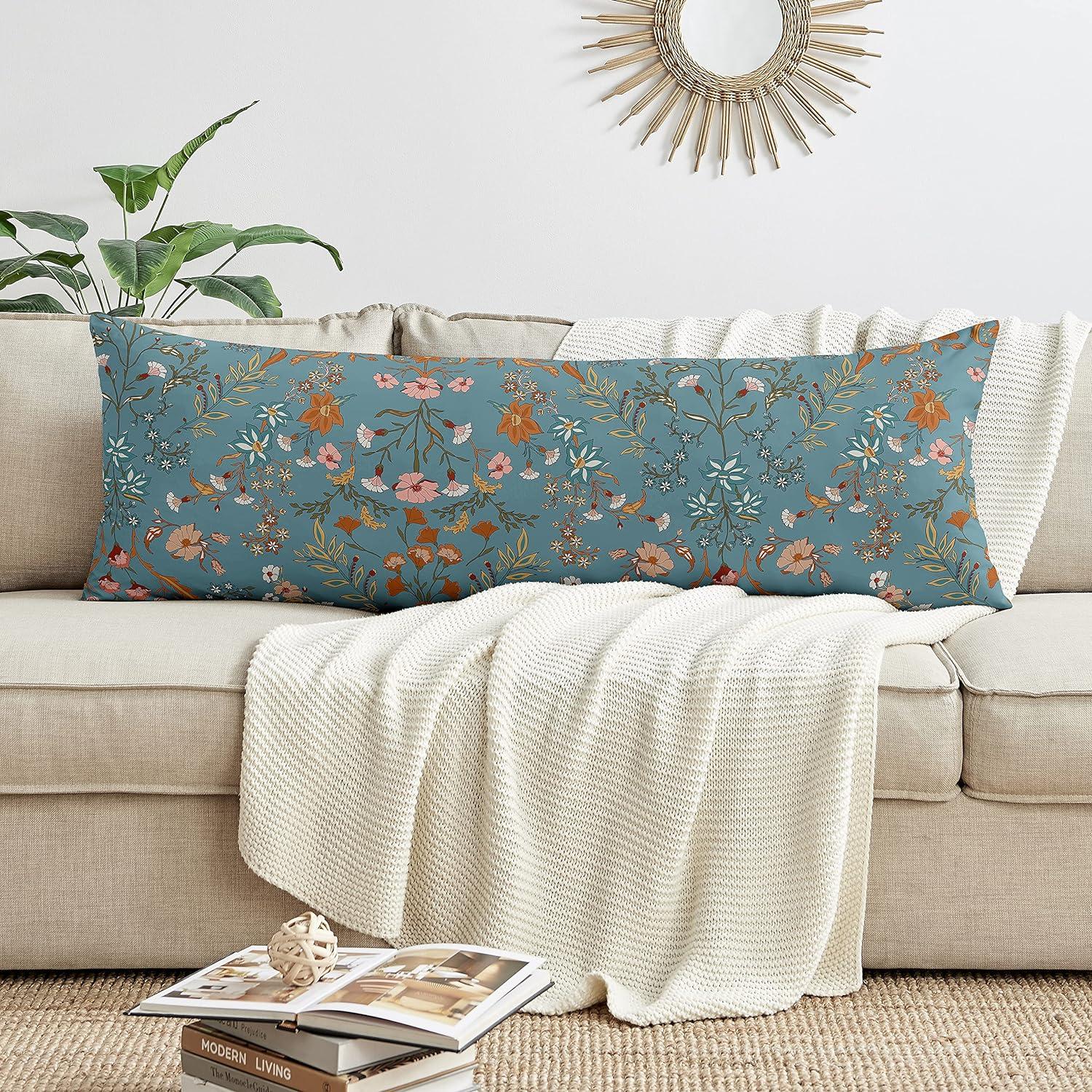 Boho Floral Blue and Orange Body Pillow Cover with Zipper