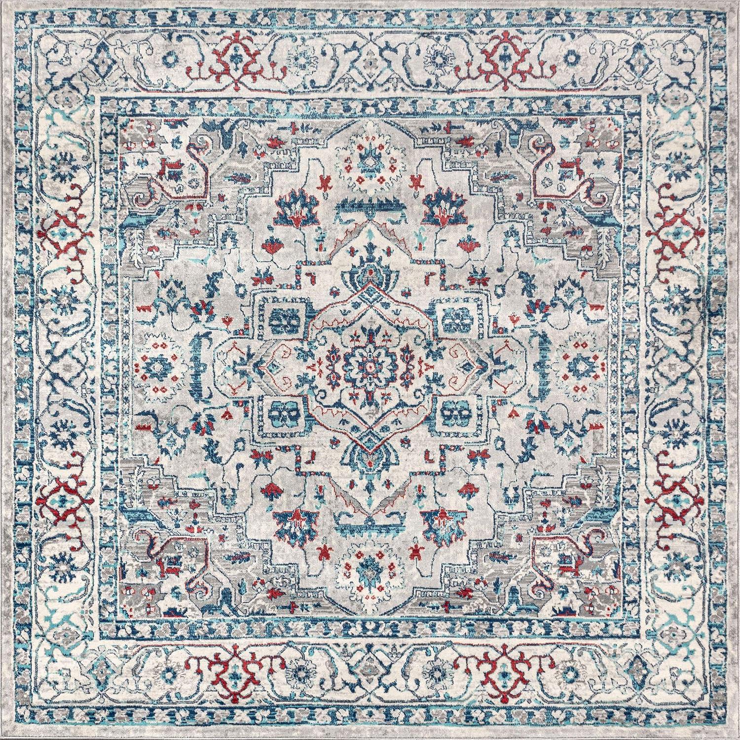 5'x5' Modern Persian Vintage Medallion Area Rug, Light Grey/Blue - JONATHAN Y