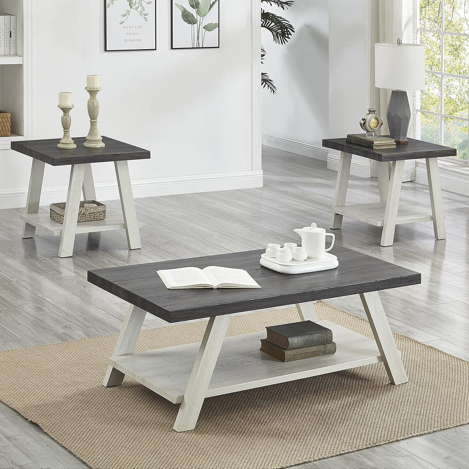 Athens Charcoal and Beige 3-Piece Wood Shelf Coffee Table Set