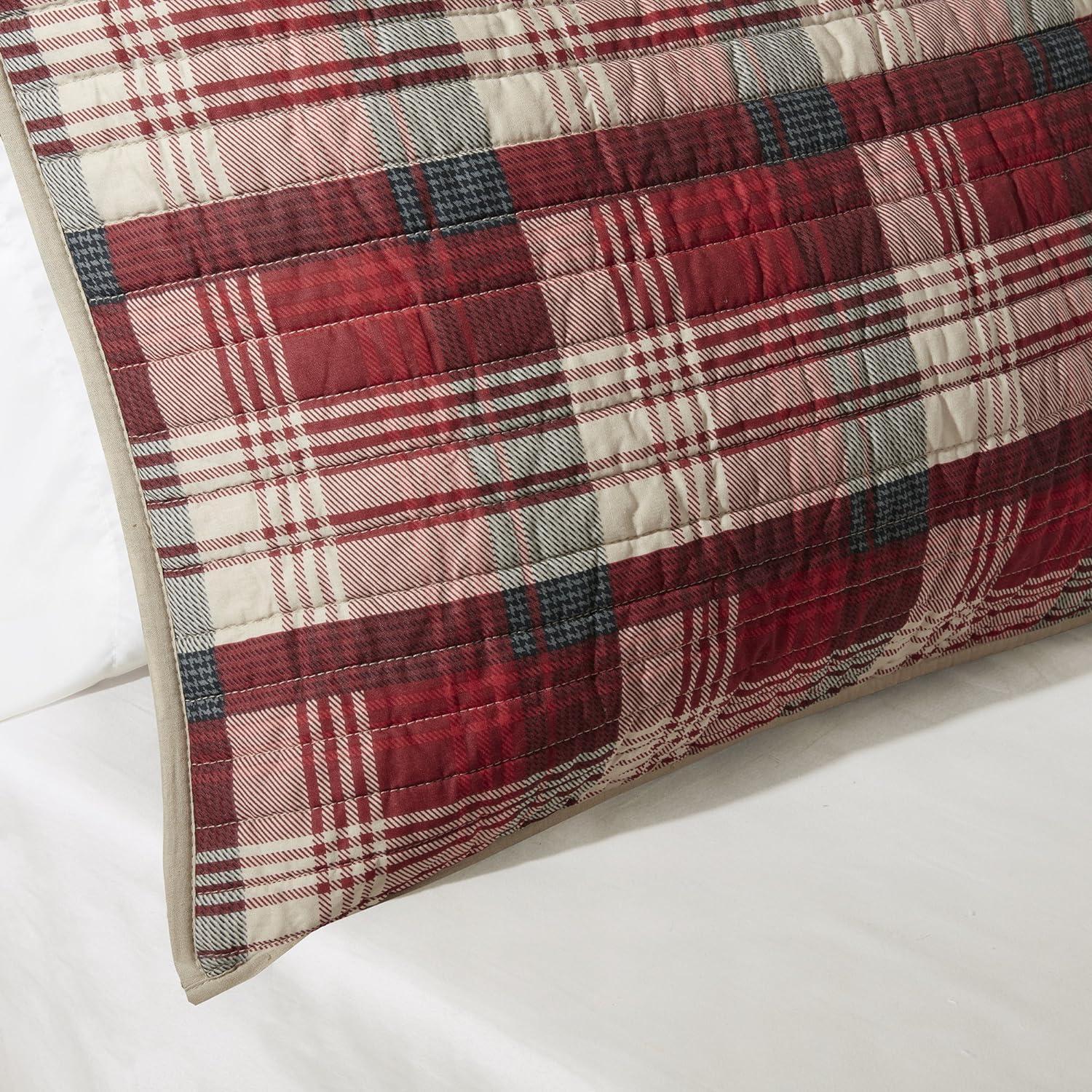 Red and Tan Plaid Cotton Reversible Full Quilt Set