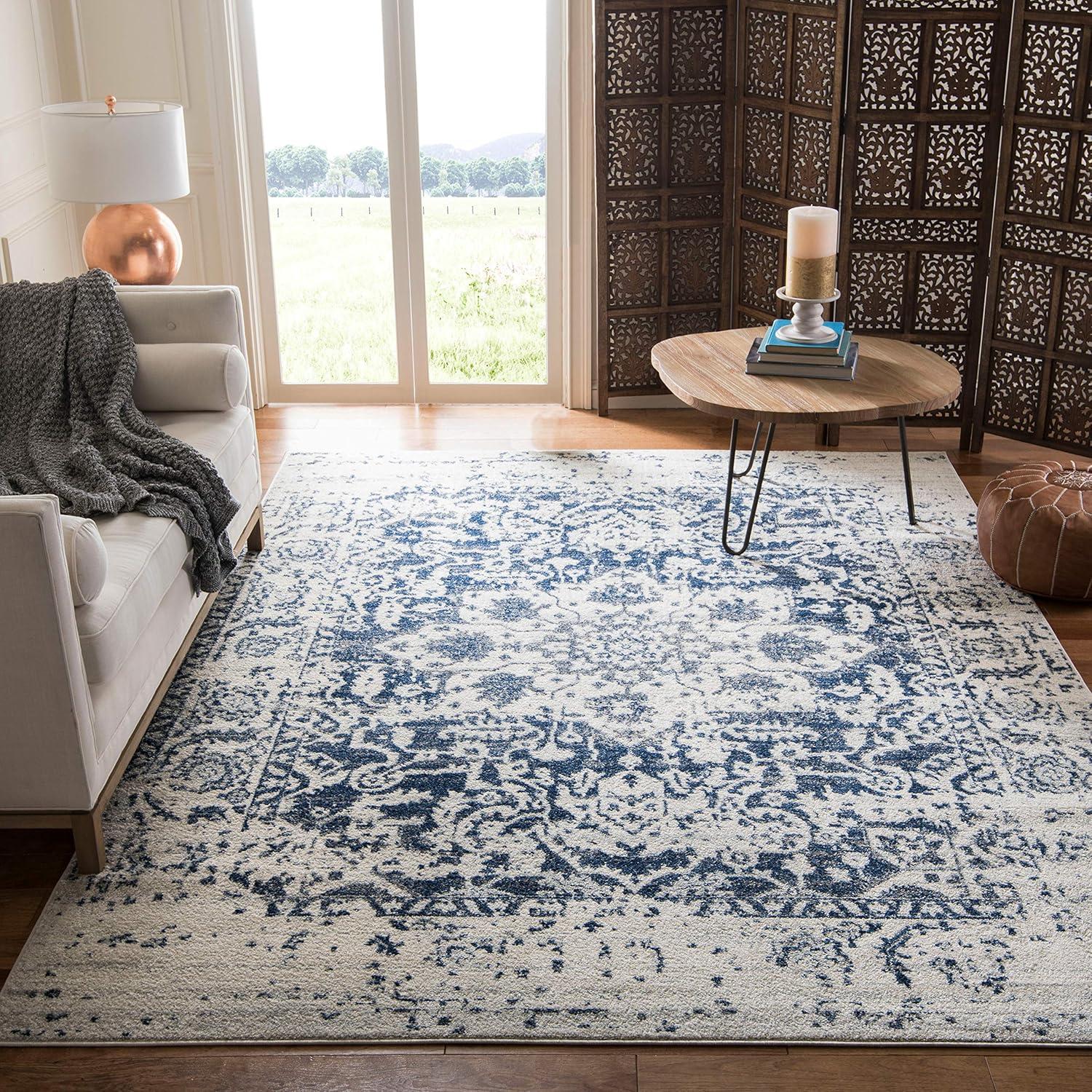 Cream & Navy Rectangular Synthetic Easy-Care Area Rug