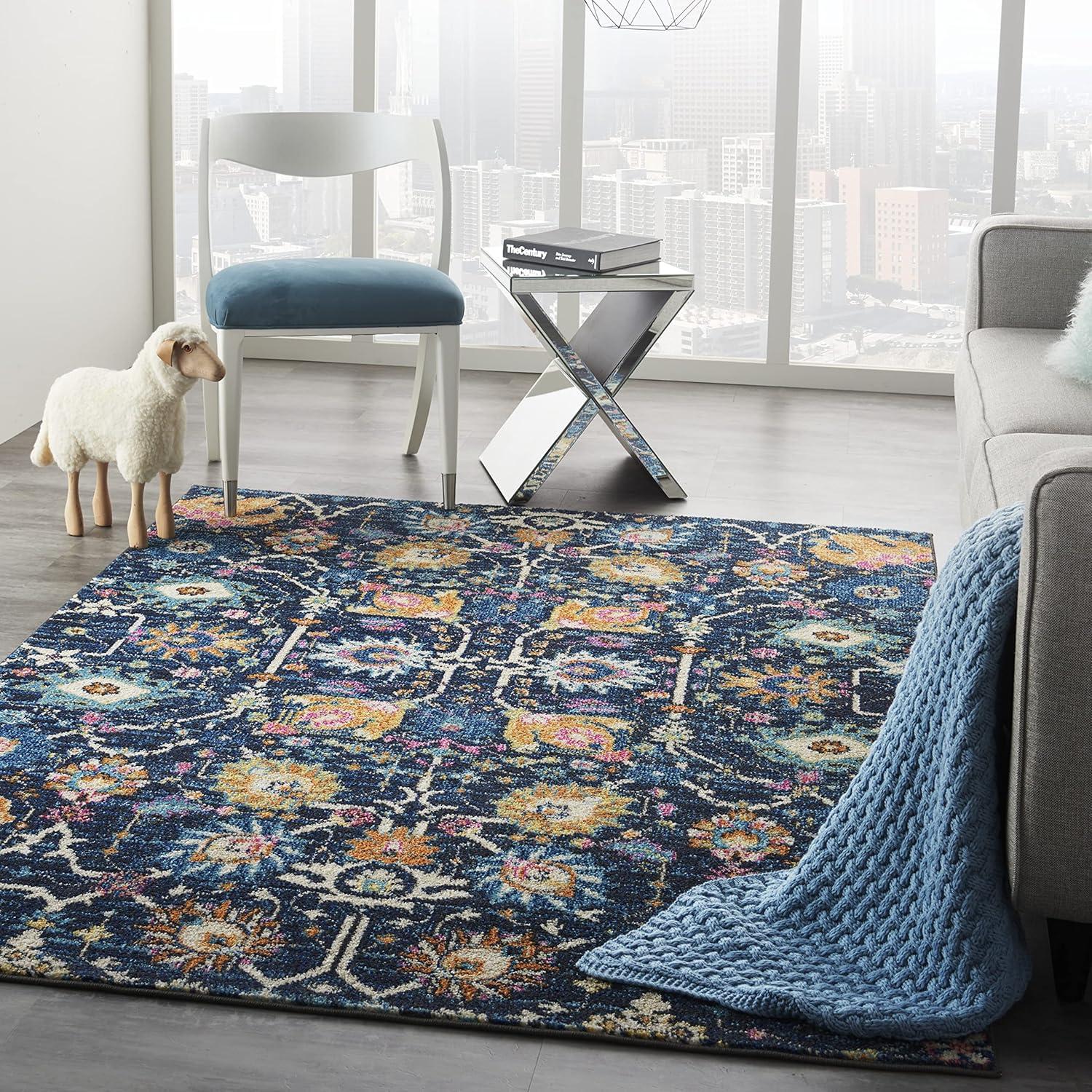 Navy Floral Whimsy 10' x 14' Synthetic Easy-Care Area Rug