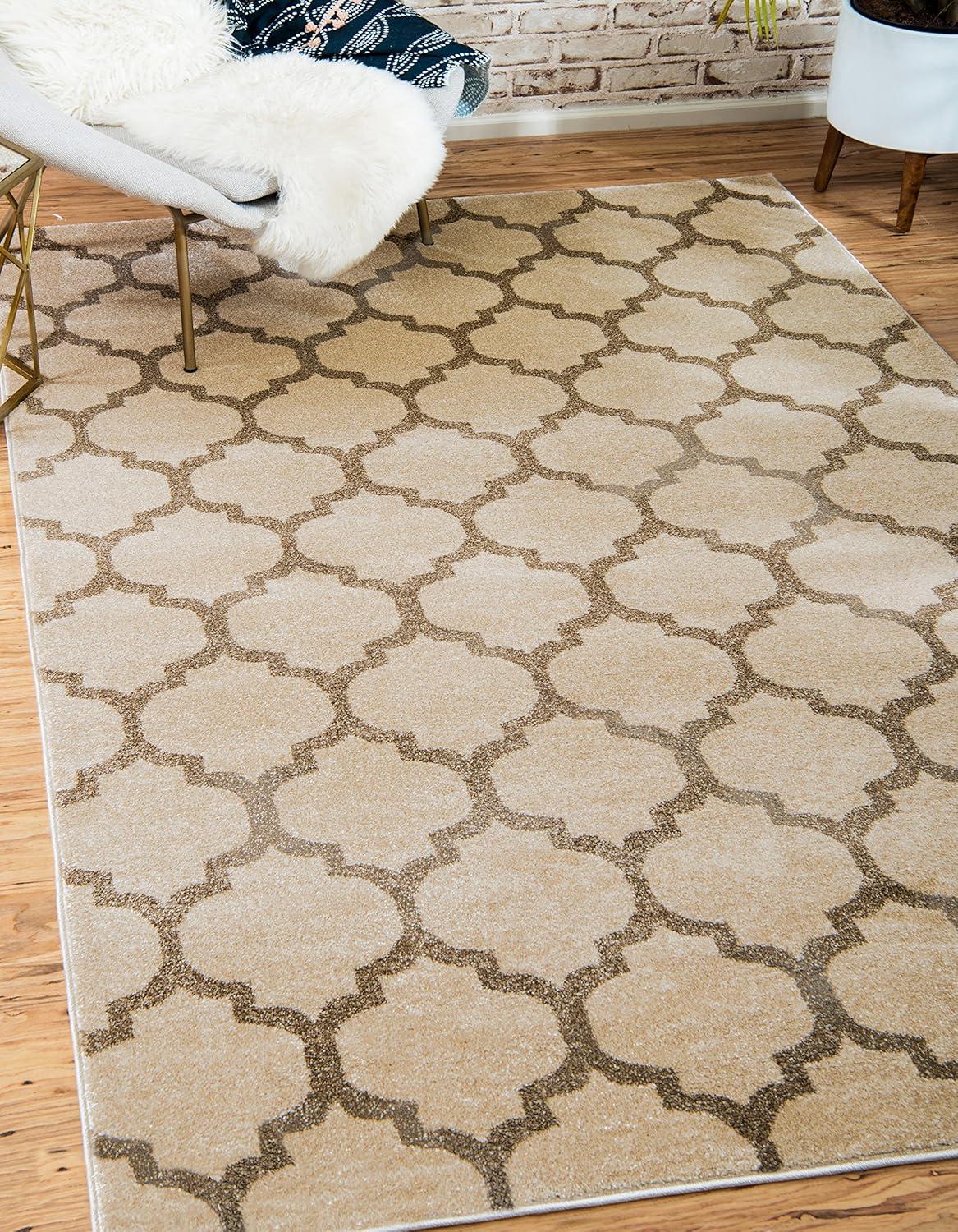 Beige and Light Brown Trellis 9' x 12' Easy-Care Synthetic Rug