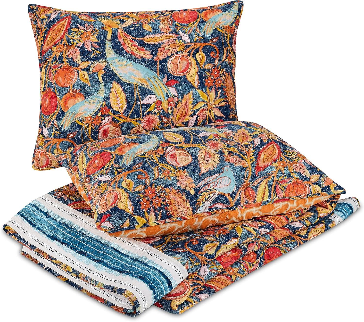 Peacock Garden Quilt & Sham Set Blue/Orange - Dena Home