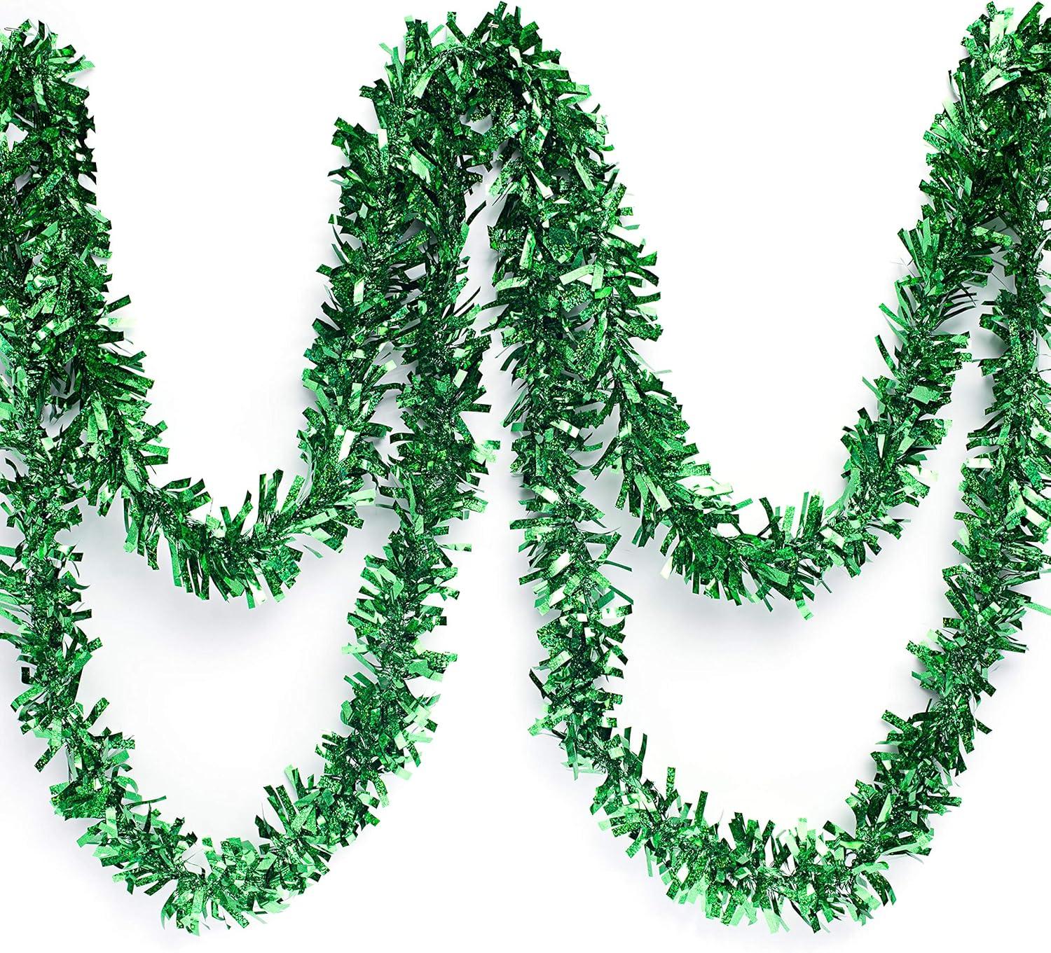 25 ft Long Roll Green Tinsel Twist Garland, Shiny Metallic Foil decorations for Parade Floats, Halloween, Christmas Eve, New Year Parties (4" x 25' roll, Green)