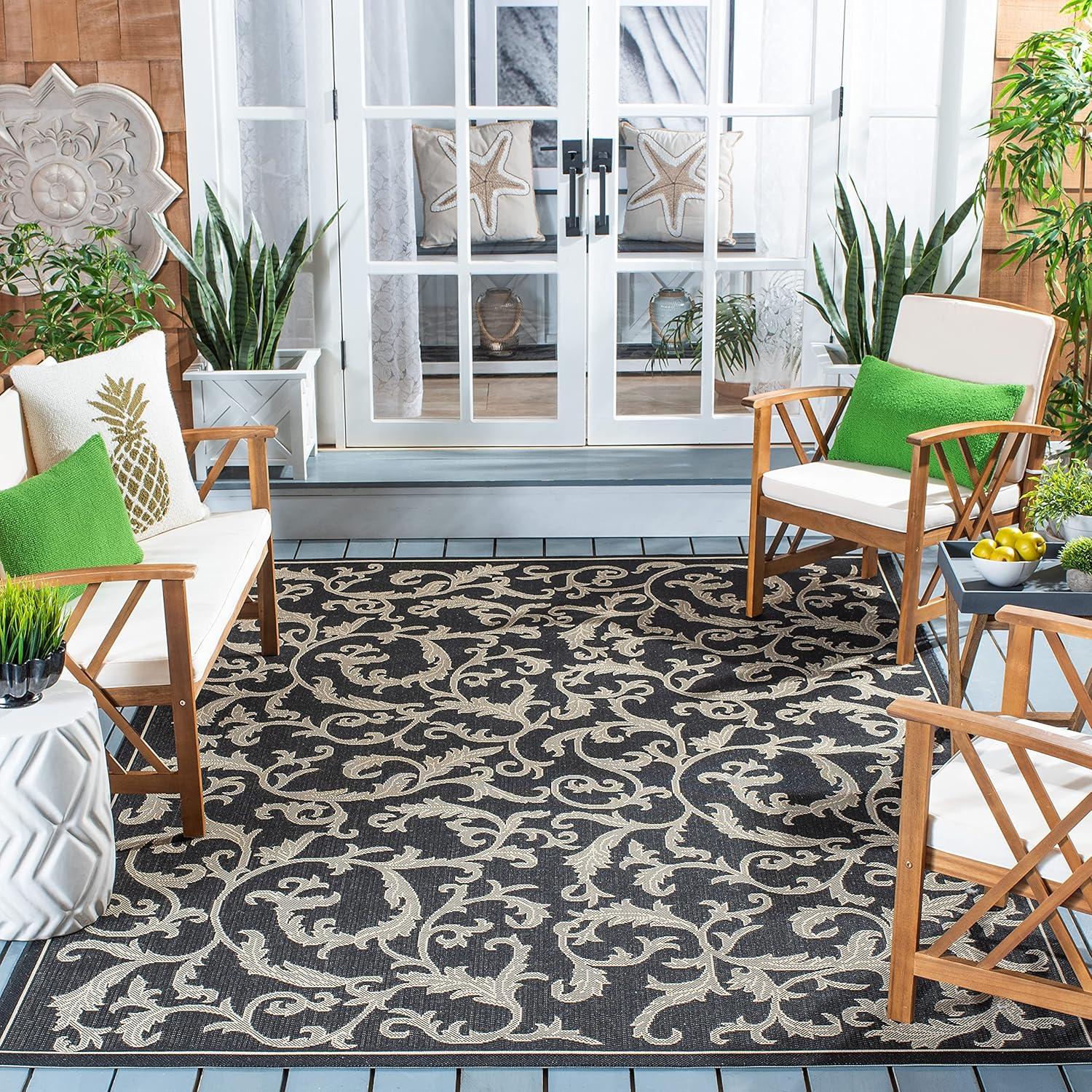 Courtyard CY2653 Power Loomed Indoor and Outdoor Area Rug - Black/Sand - 7'10"x7'10" - Safavieh