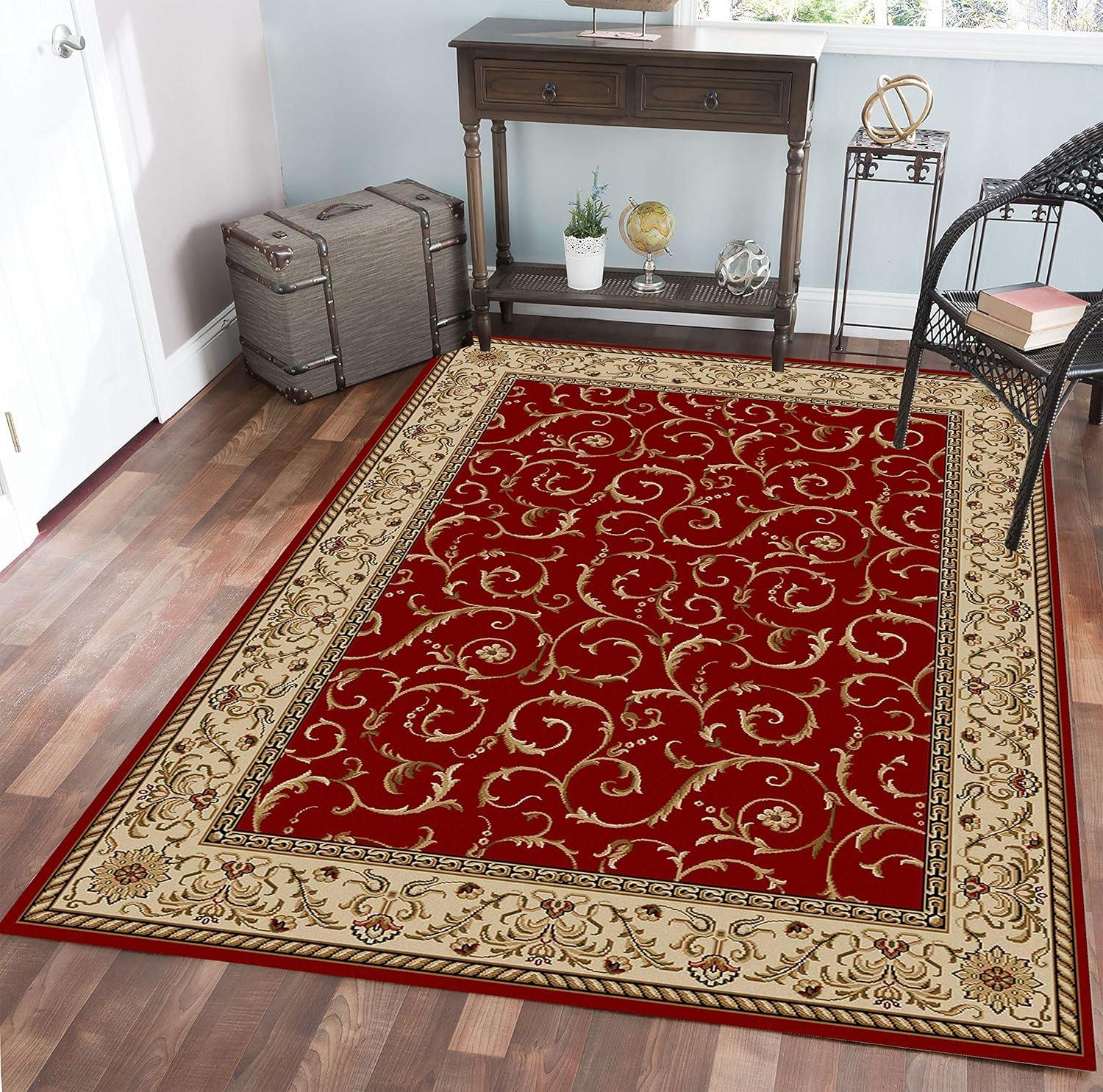 Elegant Red Floral 5'5" x 7'7" Synthetic Rectangular Area Rug