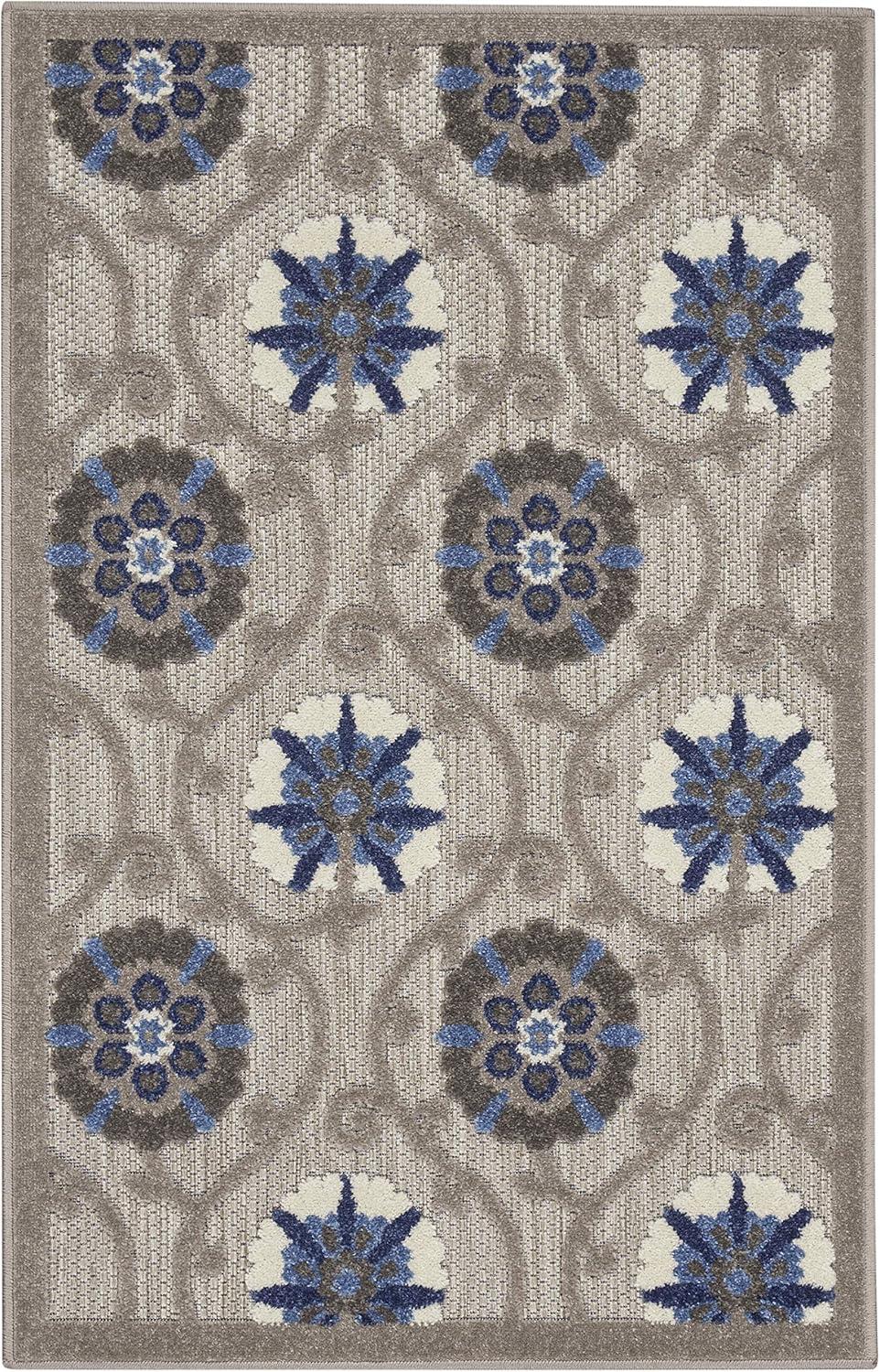Nourison Aloha Contemporary Floral Flatweave High-Low Indoor Outdoor Area Rug Grey/Blue 2'8" x 4'