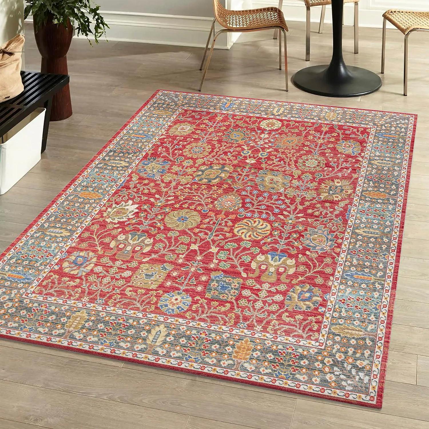 Burgundy and Light Blue Synthetic Floral Area Rug