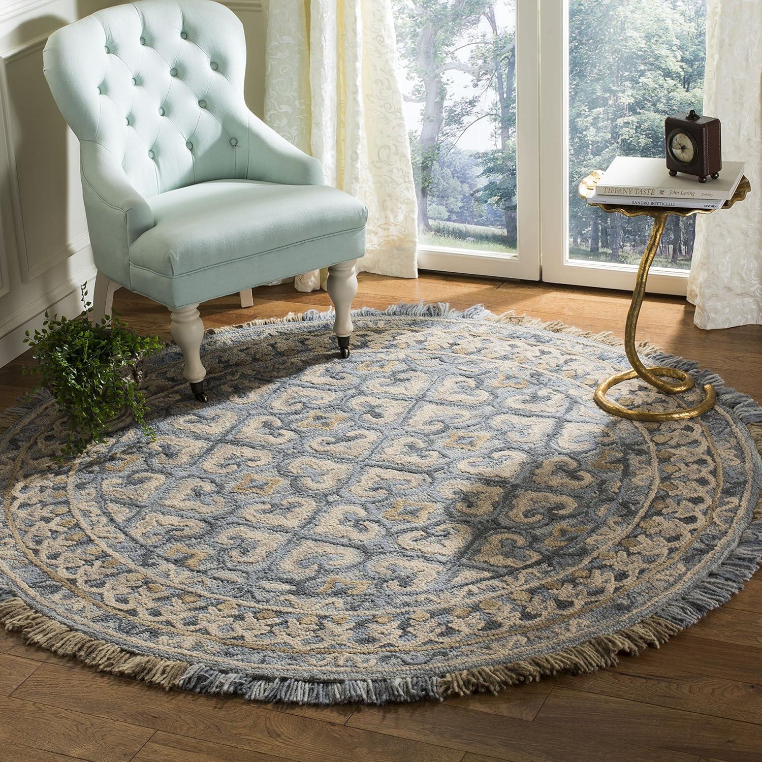 Blossom Light Beige and Blue Hand-Tufted Wool Round Rug