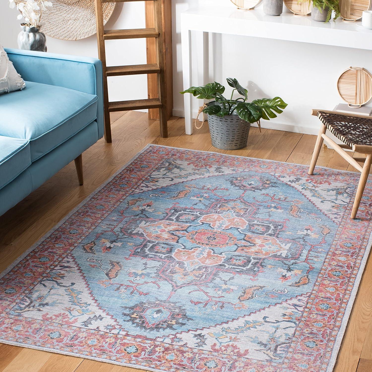 Hand-Knotted Serapi Chic Blue Round Rug with Easy Care Viscose Chenille