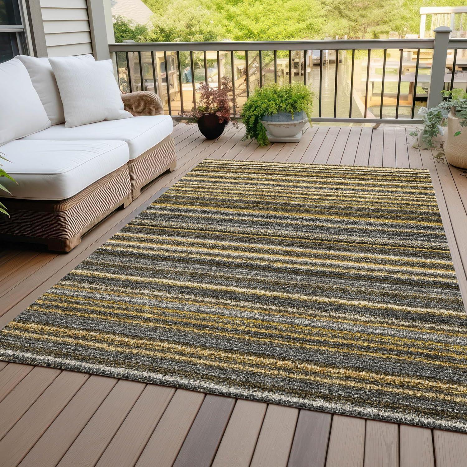 Gold and Gray Striped Synthetic 8' x 10' Washable Rug