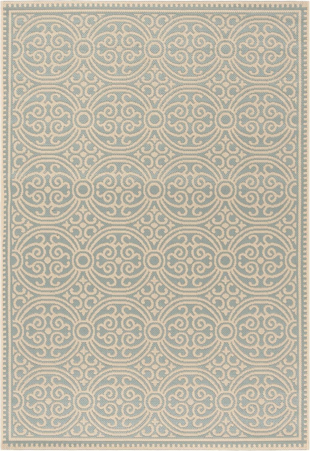 Aqua and Cream Geometric Flat Woven Synthetic Rug, 5' x 7'